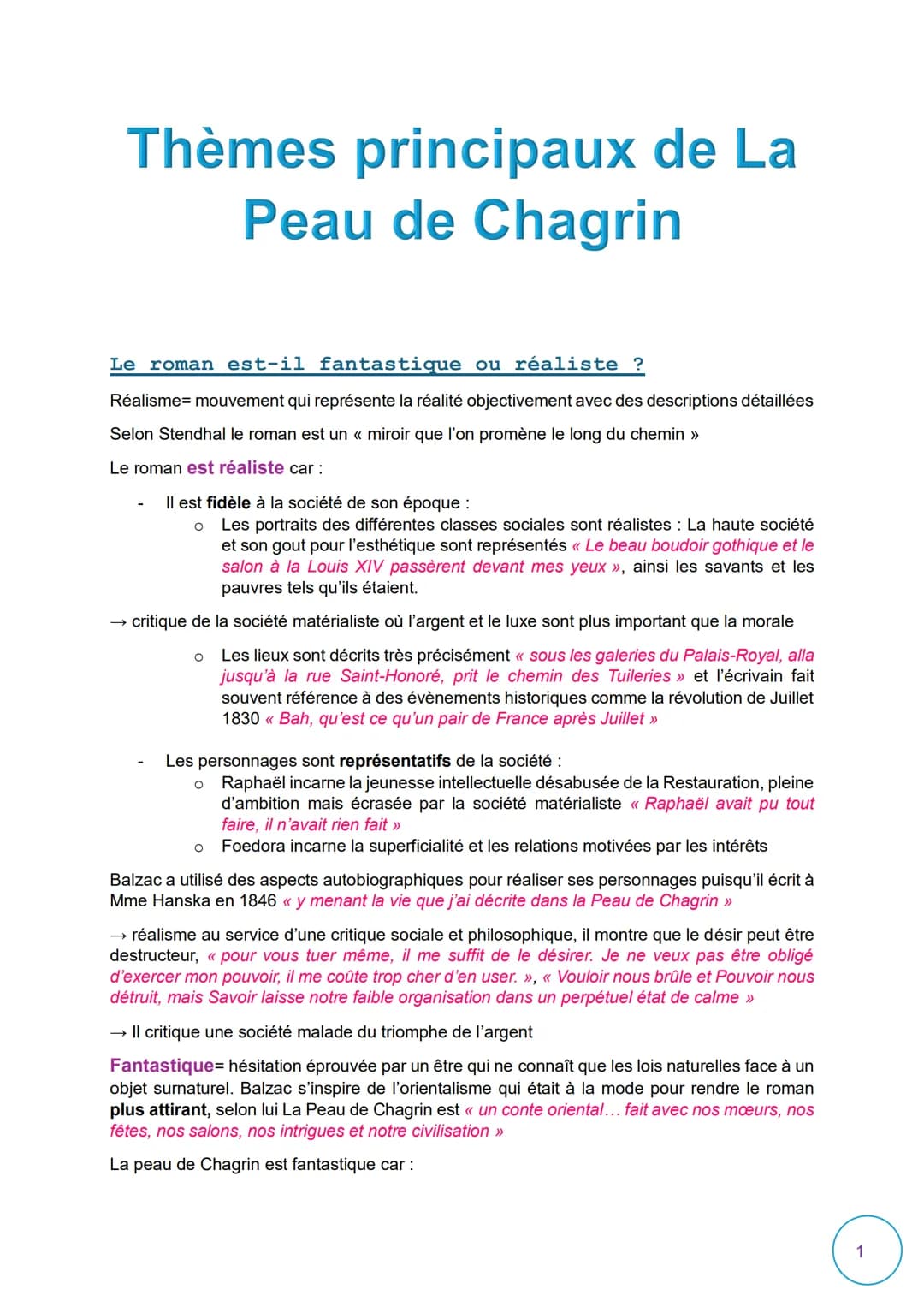 Thèmes principaux de La
Peau de Chagrin
Le roman est-il fantastique ou réaliste ?
Réalisme= mouvement qui représente la réalité objectivemen
