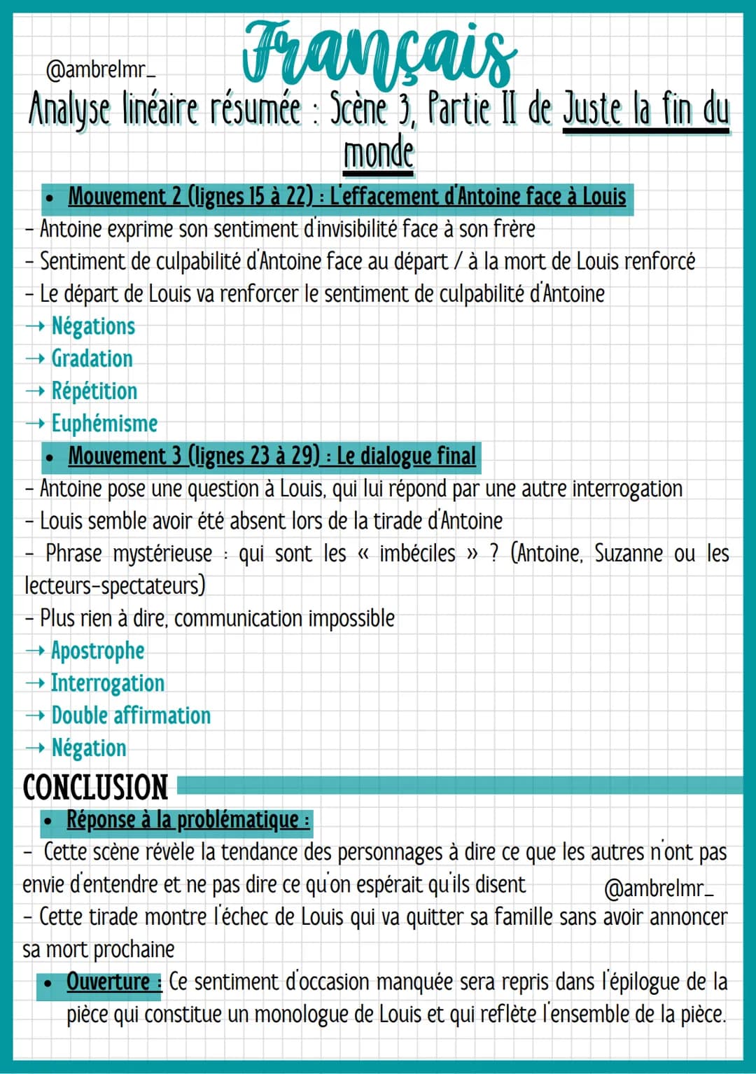 @ambrelmr_
Français
Analyse linéaire résumée : Scène 3, Partie II de Juste la fin du
monde
INTRODUCTION
Présentation du texte :
→ Auteur : –