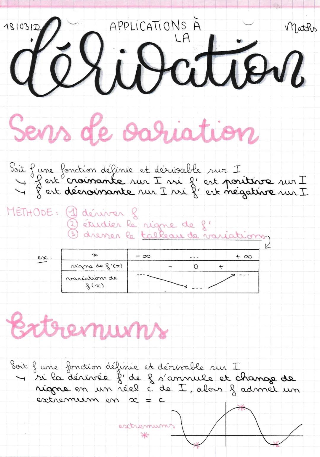 APPLICATIONS A
dérivation
Sens de variation
une
fonction définie et dérivable sur I
fest croissante sur I ssi
est décroissante sur I ssi
Soi