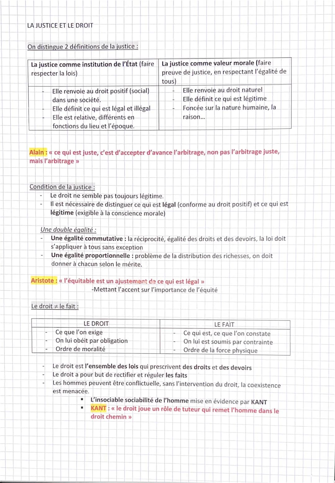 LA JUSTICE ET LE DROIT
On distingue 2 définitions de la justice :
La justice comme institution de l'État (faire La justice comme valeur mora