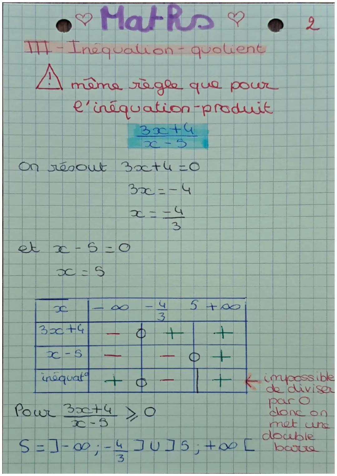 •❤ Maths ♡
1
Les inéquations du 2nd degré
I- Tableau de signe
2x-6
on résout 2 x
6=0
2x=6
2х
x =
6/8
= 3
D
valeur charnière
20 18
3
too
+
2x
