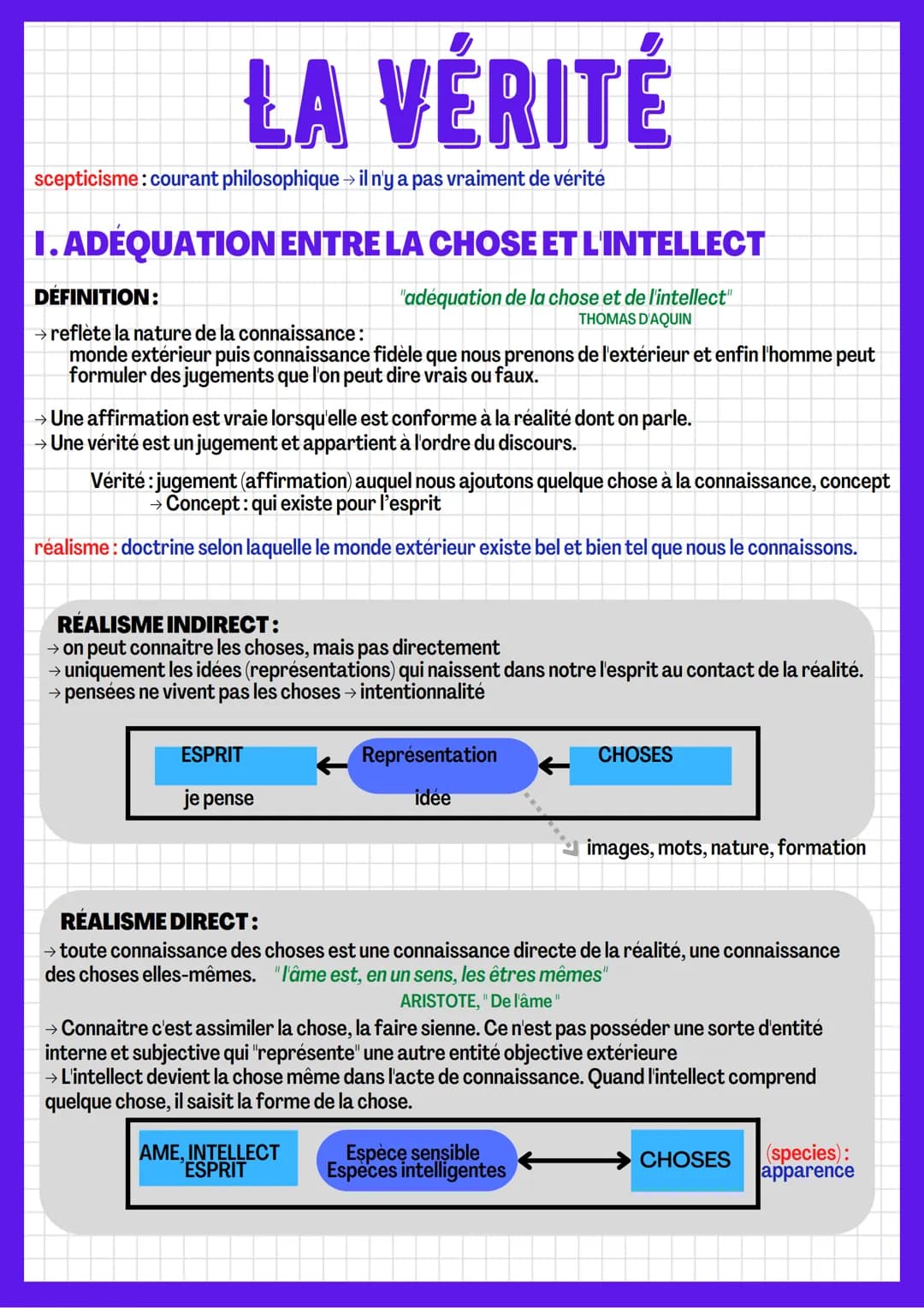 LA VÉRITÉ
scepticisme: courant philosophique → il n'y a pas vraiment de vérité
I. ADEQUATION ENTRE LA CHOSE ET L'INTELLECT
"adéquation de la
