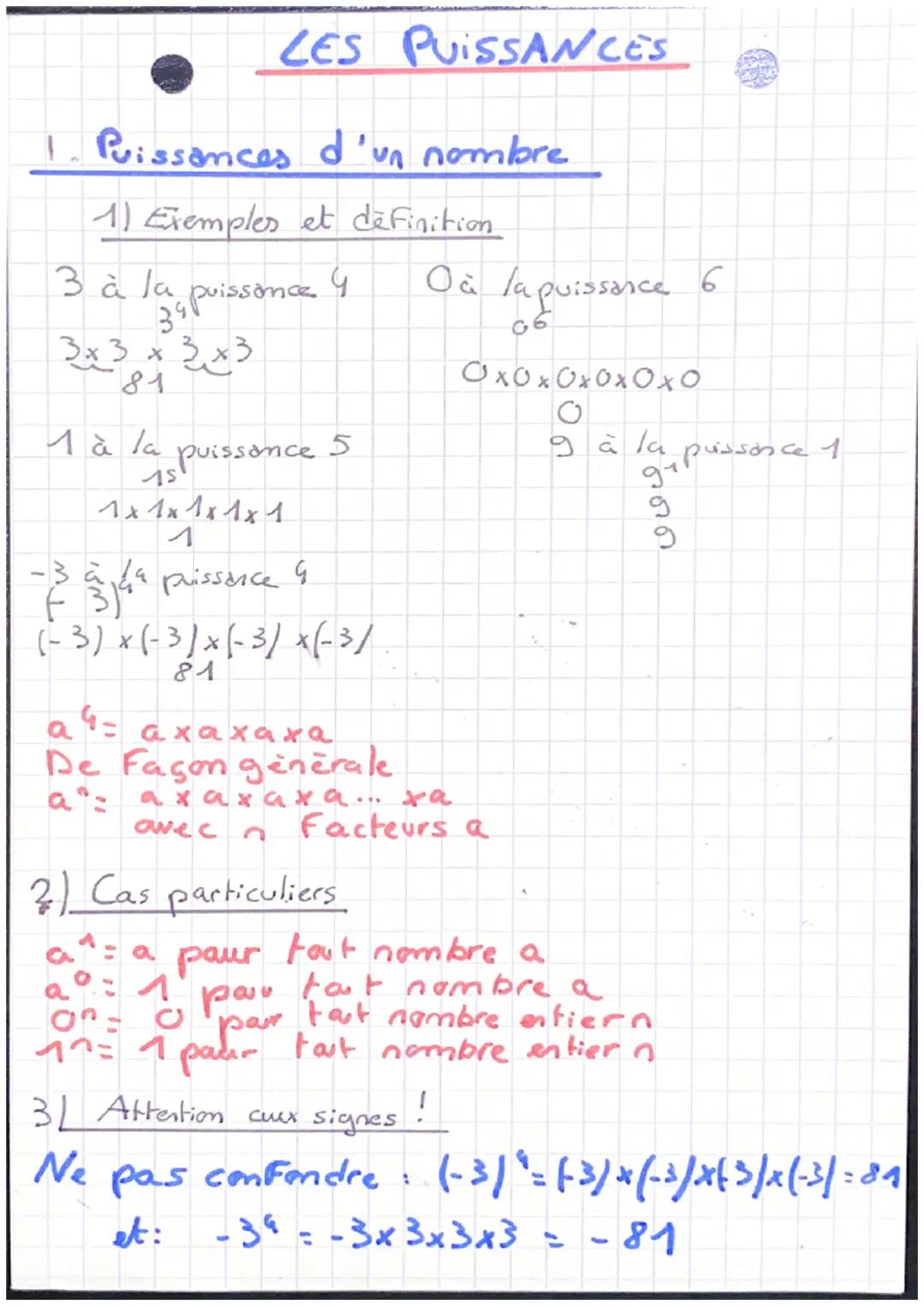 75-19
1. Puissances d'un nombre.
1) Exemples et définition
3 à la
puissance 4
390
3x 3 x 3 x3
81
1 à la
LES PUISSANCES
Puissance 5
15
1x1x1x