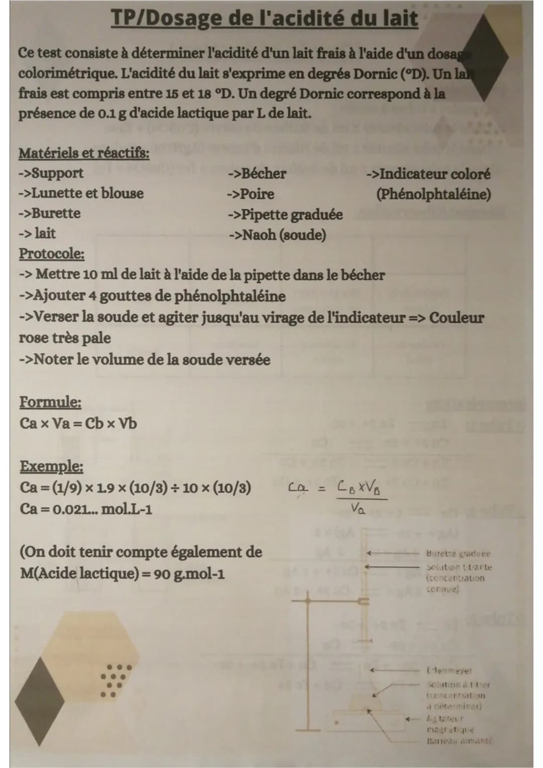 TP/Dosage de l'acidité du lait
Ce test consiste à déterminer l'acidité d'un lait frais à l'aide d'un dosage
colorimétrique. L'acidité du lai