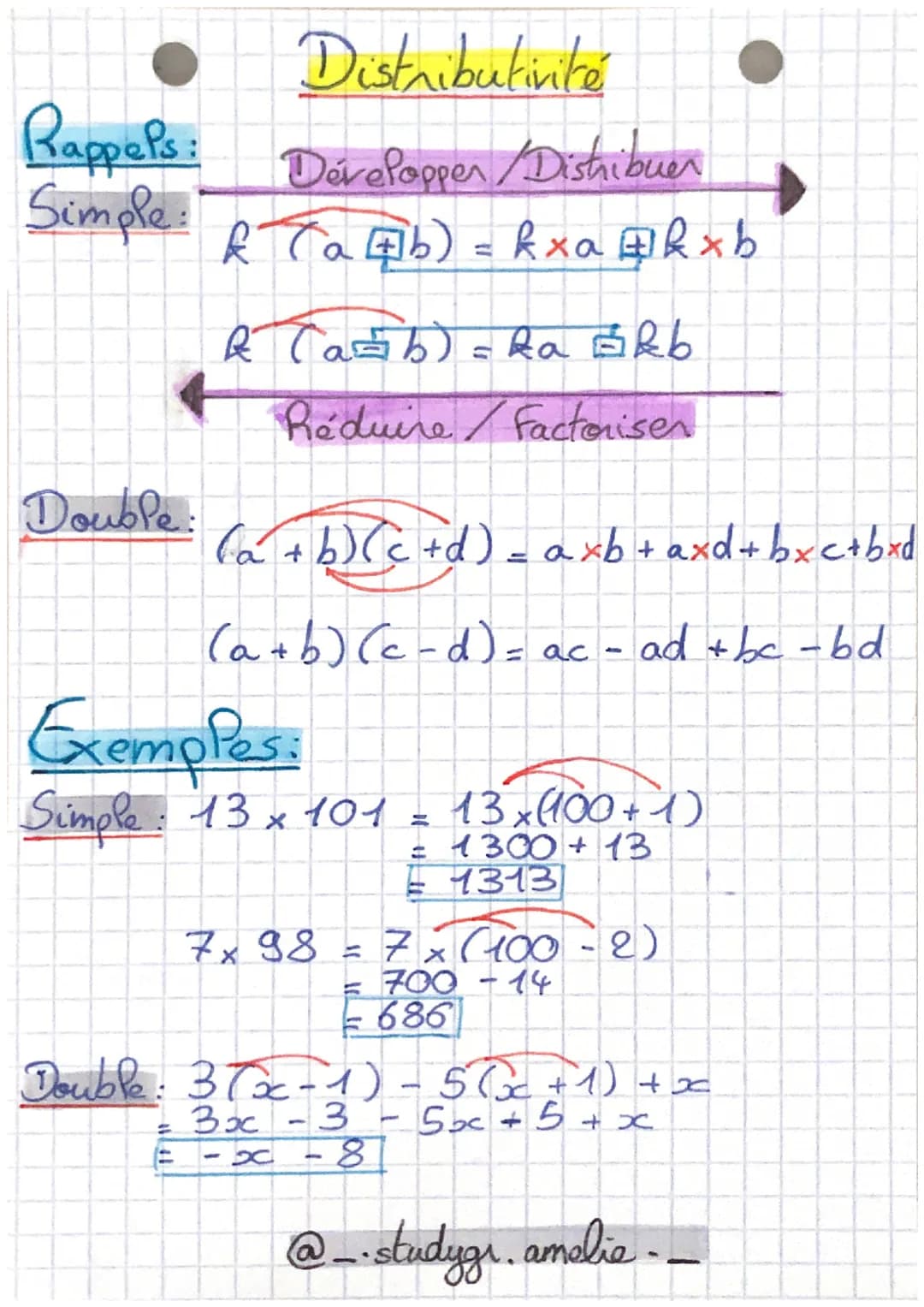 Distributivité
Rappels Développer Distribuer
Simple:
k (a b) = kxa #kxb
Double:
k (a=b) = ka kb
Réduire Factoriser
(a + b)(c +d) = axb + axd