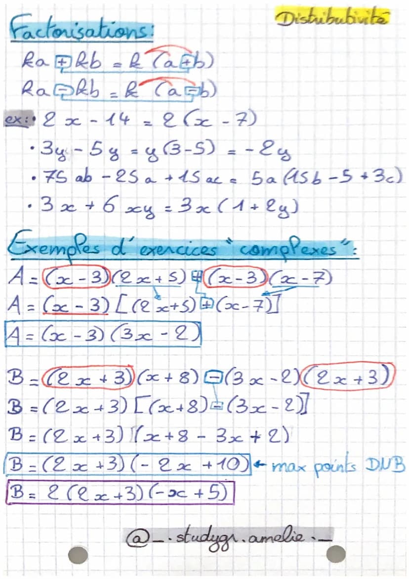 Distributivité
Rappels Développer Distribuer
Simple:
k (a b) = kxa #kxb
Double:
k (a=b) = ka kb
Réduire Factoriser
(a + b)(c +d) = axb + axd