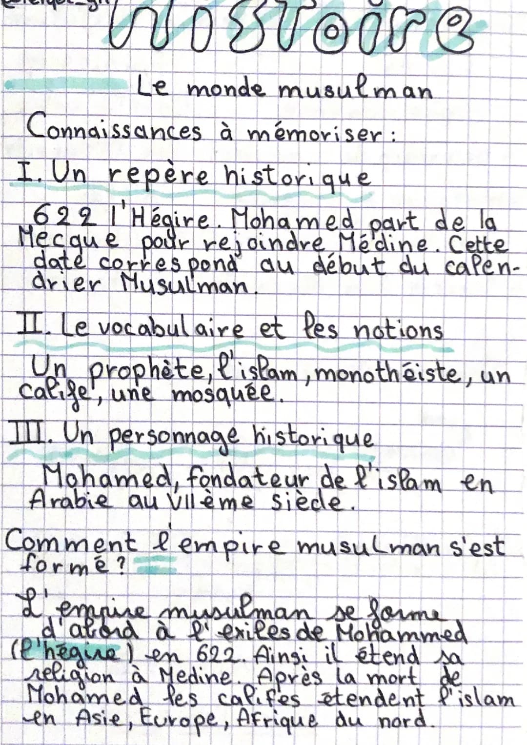 Nostoire
Le monde musulman
Connaissances à mémoriser:
I. Un repère historique
622 I'Hégire. Mohamed part de la
Mecque pour rejoindre Médine.