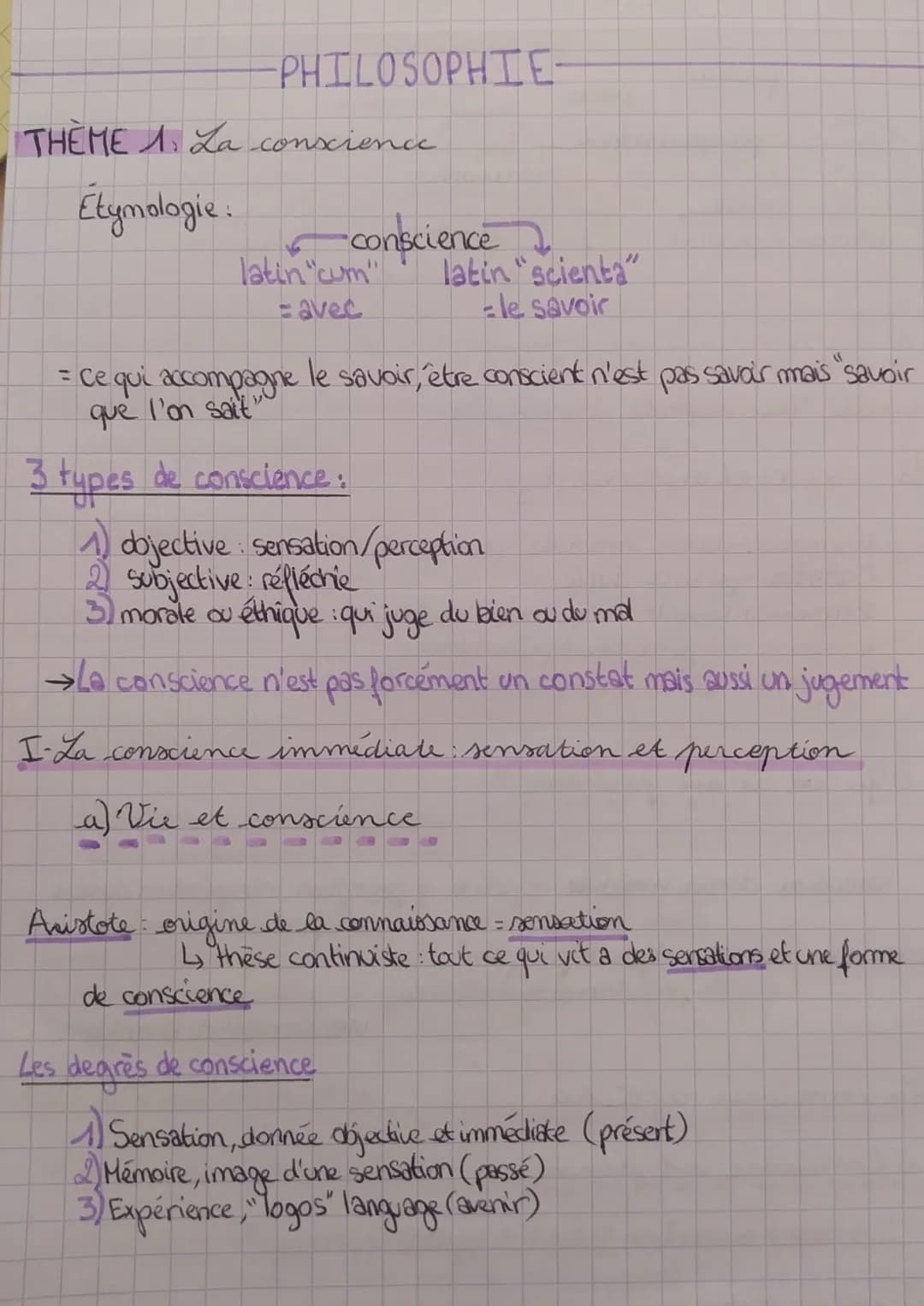PHILOSOPHIE-
THEME 1: La conscience
Etymologie.
-conscience
latin "cum"
=avec
latin "scienta"
le savoir
= ce qui accompagne le savoir, être 