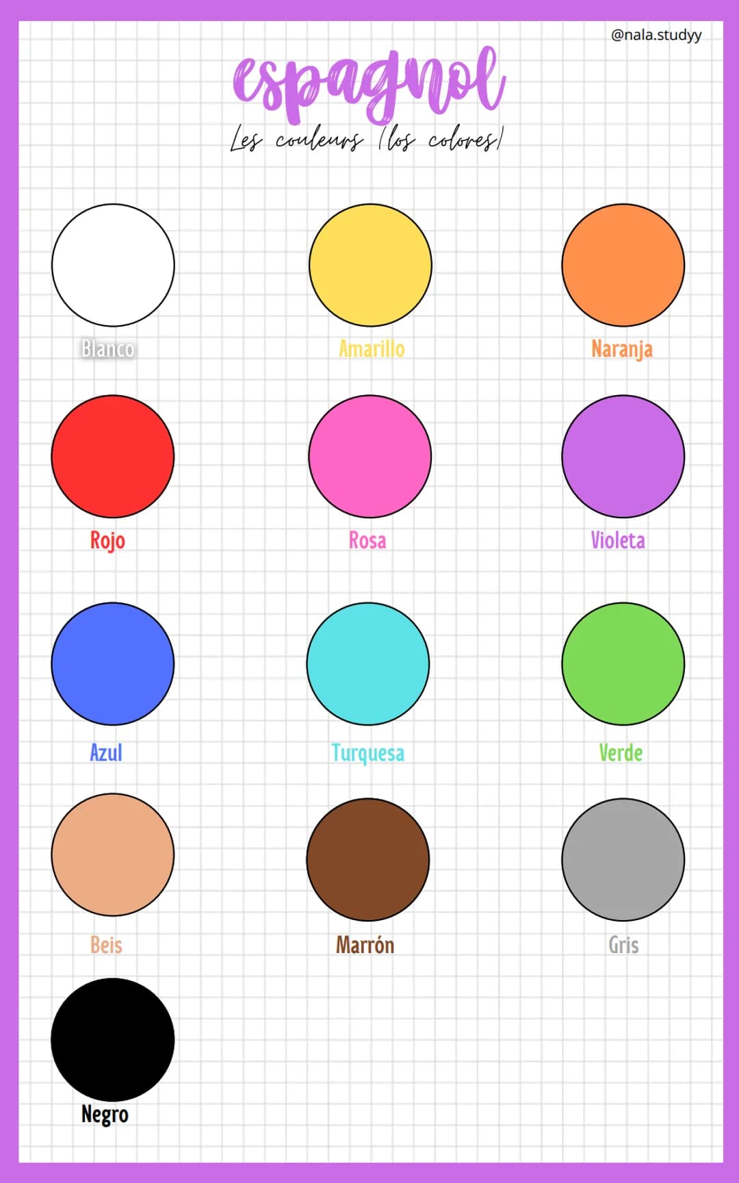 o
Blanco
Rojo
Azul
C
Beis
Negro
espagnol
Les couleurs (los colores/
O
Amarillo
C
Rosa
Turquesa
Marrón
@nala.studyy
Naranja
Violeta
Verde
Gri