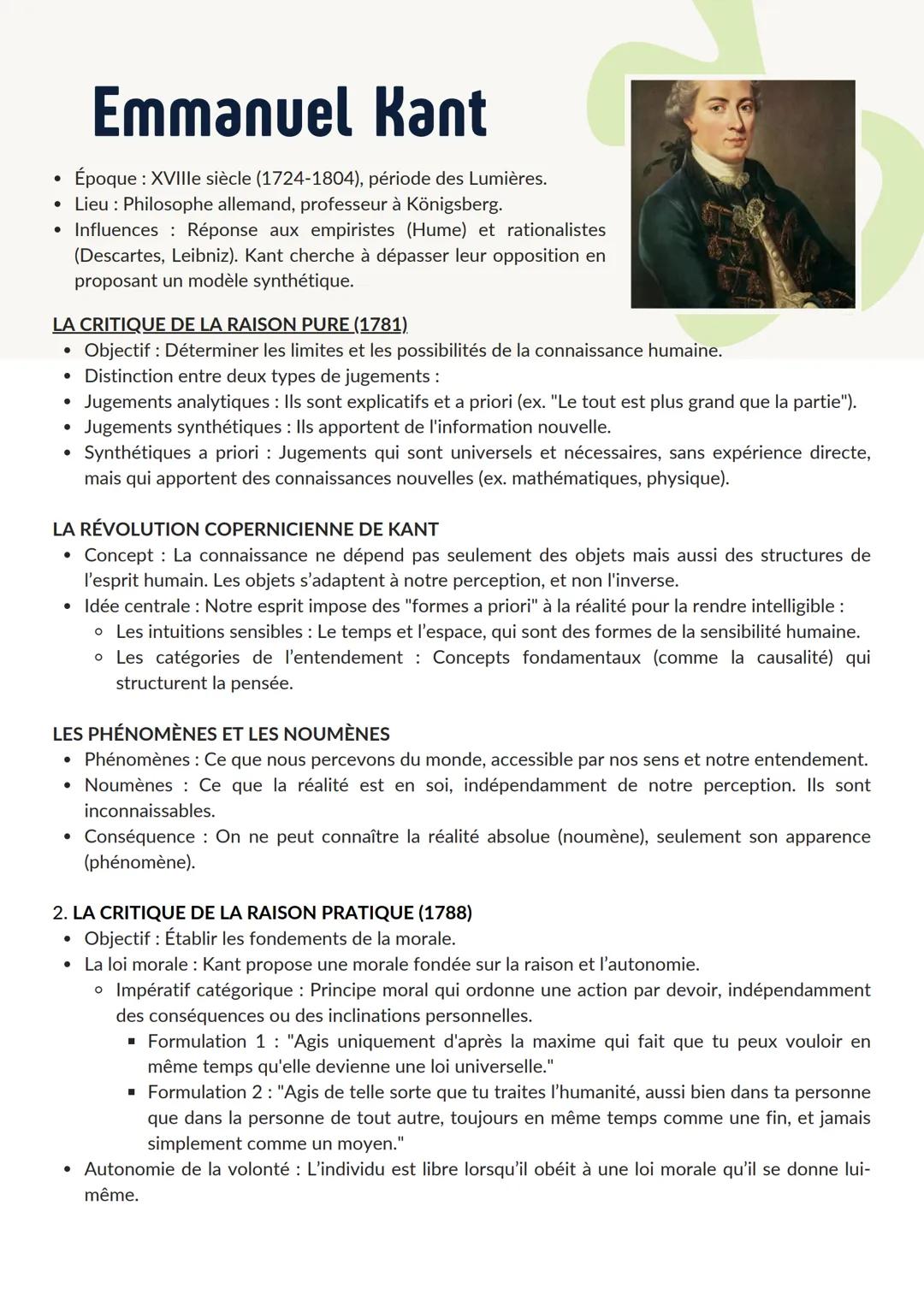 # Emmanuel Kant

- Époque: XVIIIe siècle (1724-1804), période des Lumières.
- Lieu: Philosophe allemand, professeur à Königsberg.
- Influenc