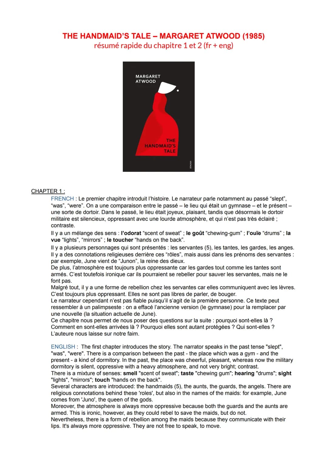 THE HANDMAID'S TALE - MARGARET ATWOOD (1985)
résumé rapide du chapitre 1 et 2 (fr+ eng)
MARGARET
ATWOOD
THE
HANDMAID'S
TALE
CHAPTER 1:
FRENC