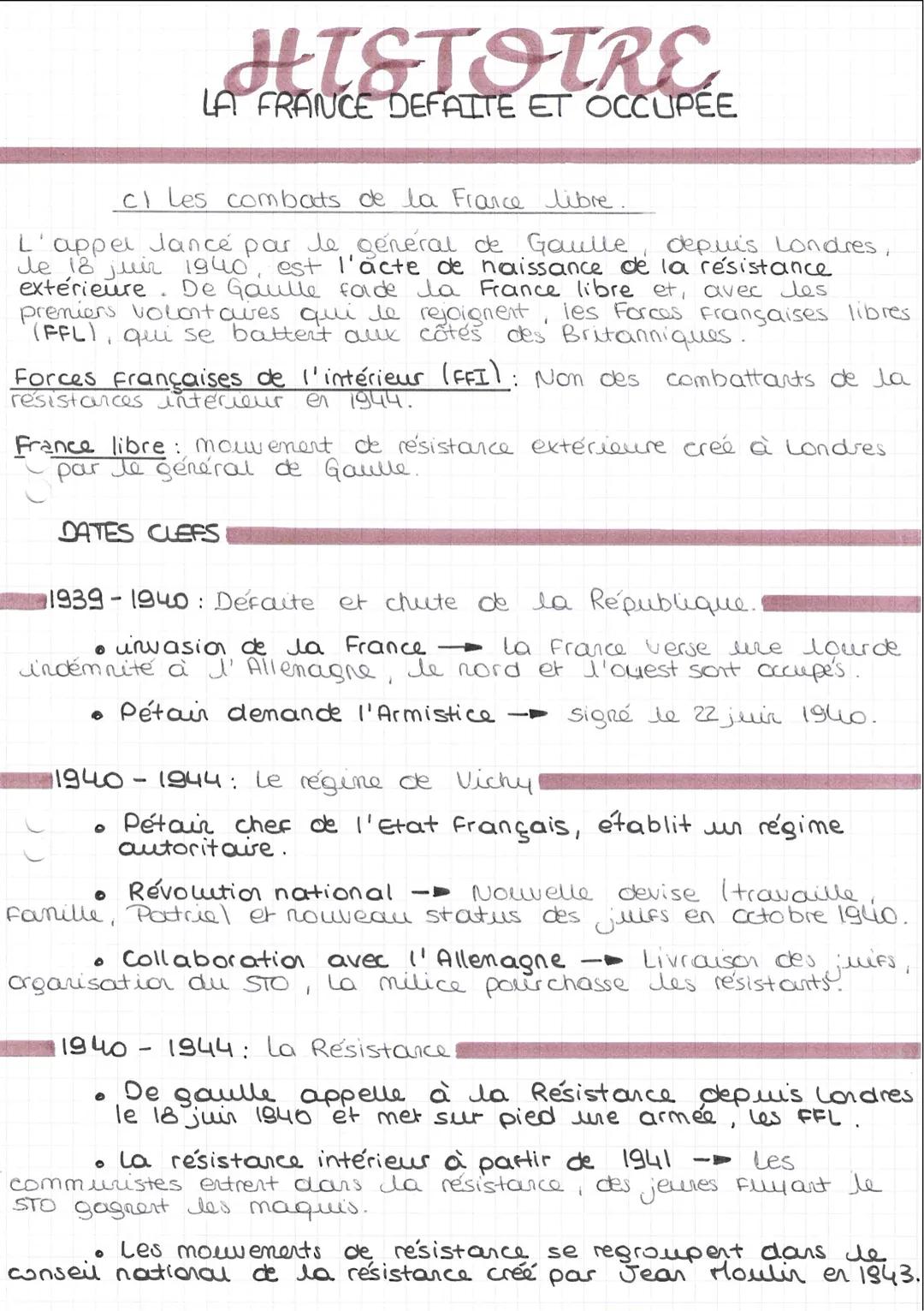 HISTOIRE
LA FRANCE DEFAITE ET OCCUPÉE.
LES DATES A RETENIR.
Entree en guerre de la France 9
: septembre 1939
Conquête du territoire par des 