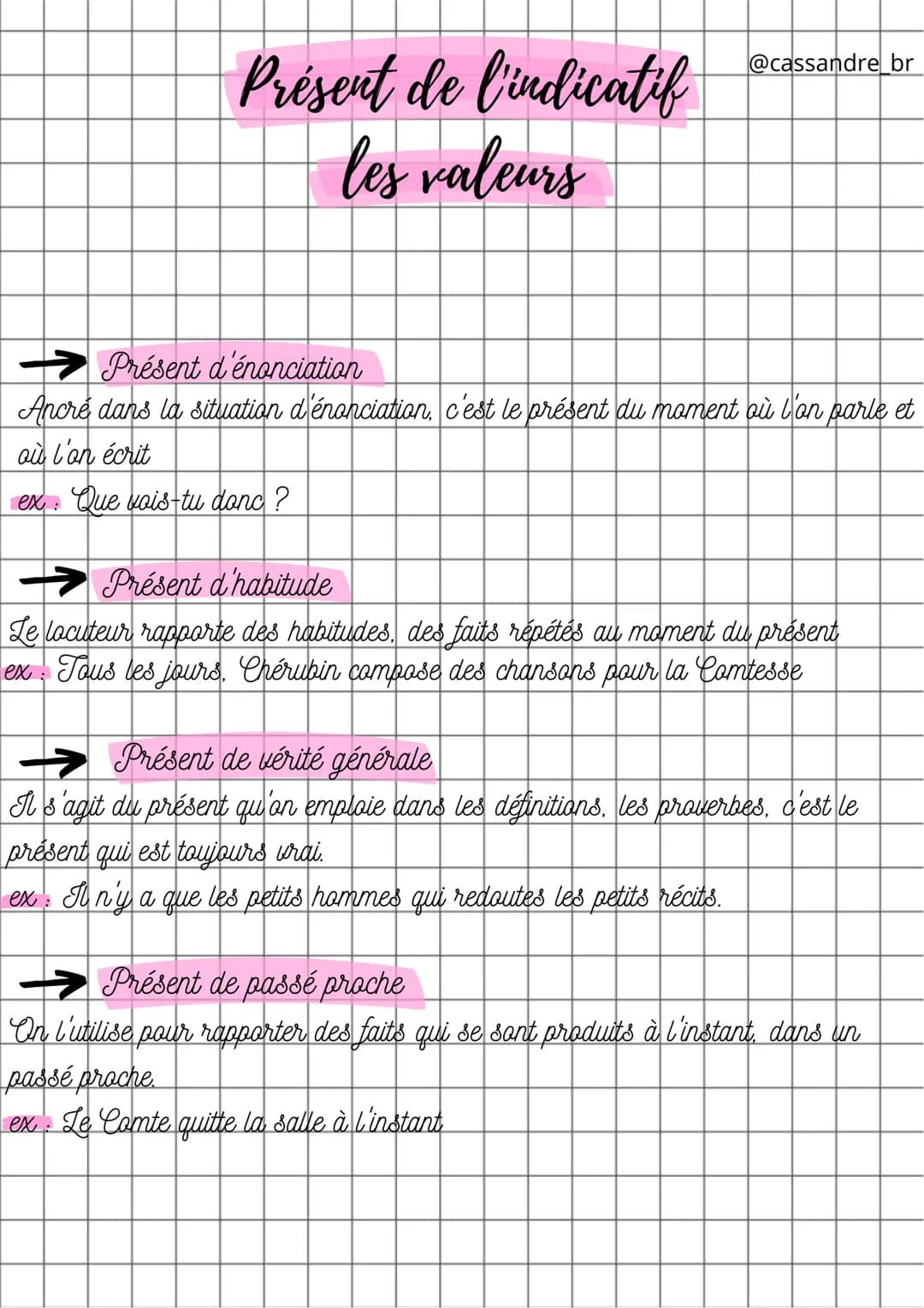 Présent de l'indicatif
les valeurs
@cassandre br
Présent d'énonciation
Ancré dans la situation d'énonciation, c'est le présent du moment où 