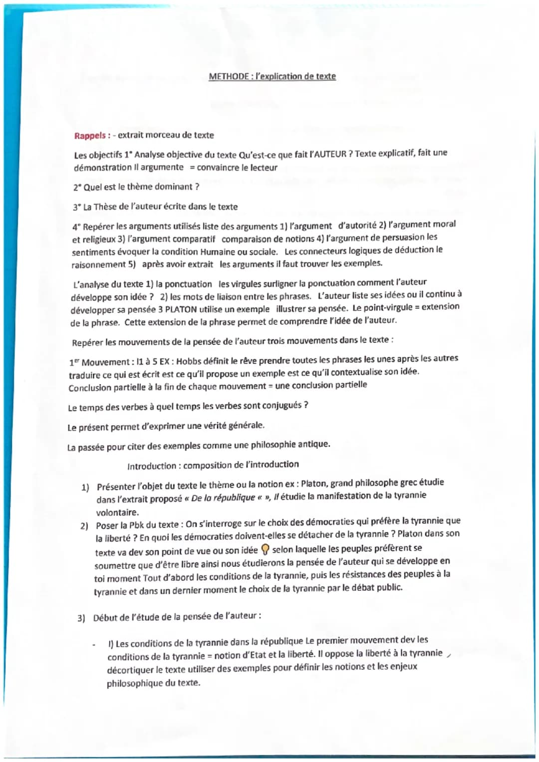 METHODE: l'explication de texte
Rappels : - extrait morceau de texte
Les objectifs 1° Analyse objective du texte Qu'est-ce que fait l'AUTEUR