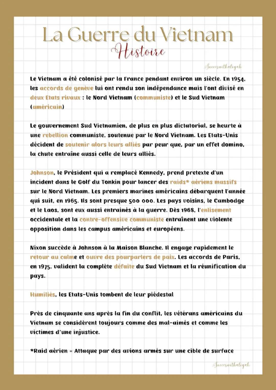 La Guerre du Vietnam
Histoire
Succes withaliyah
Le Vietnam a été colonisé par la France pendant environ un siècle. En 1954,
les accords de g