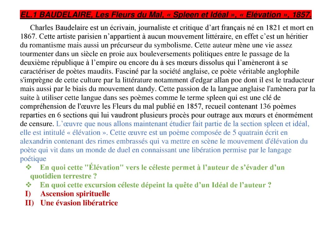 Fiche oral élévation Baudelaire 