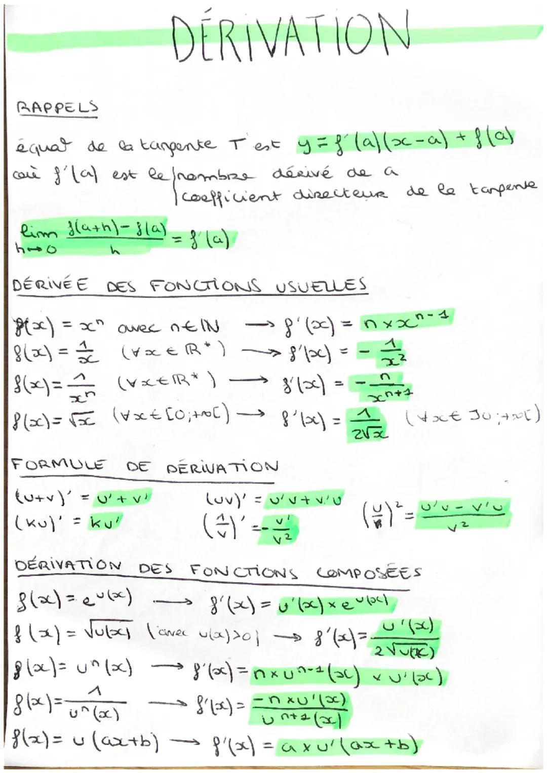 DÉRIVATION
RAPPELS
équal de la tangente I`'est y = f'(a)(x-a) + f(a)
care f'(a) est le/fnombrze dérivé de a
coefficient directeur
de le tarp
