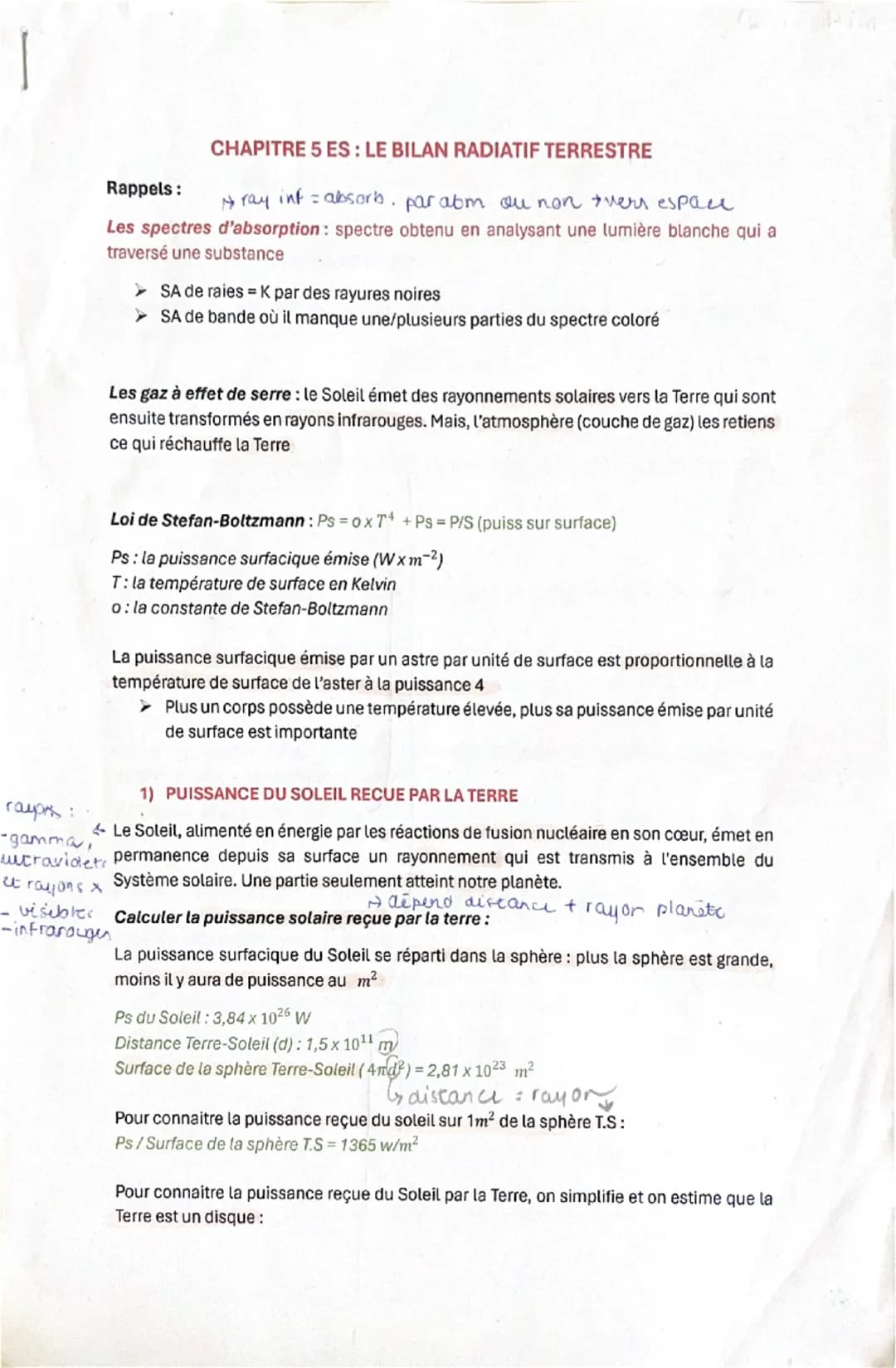 Rappels:
CHAPITRE 5 ES: LE BILAN RADIATIF TERRESTRE
Aray inf = absorb. parabm ou non vers espace
Les spectres d'absorption: spectre obtenu e