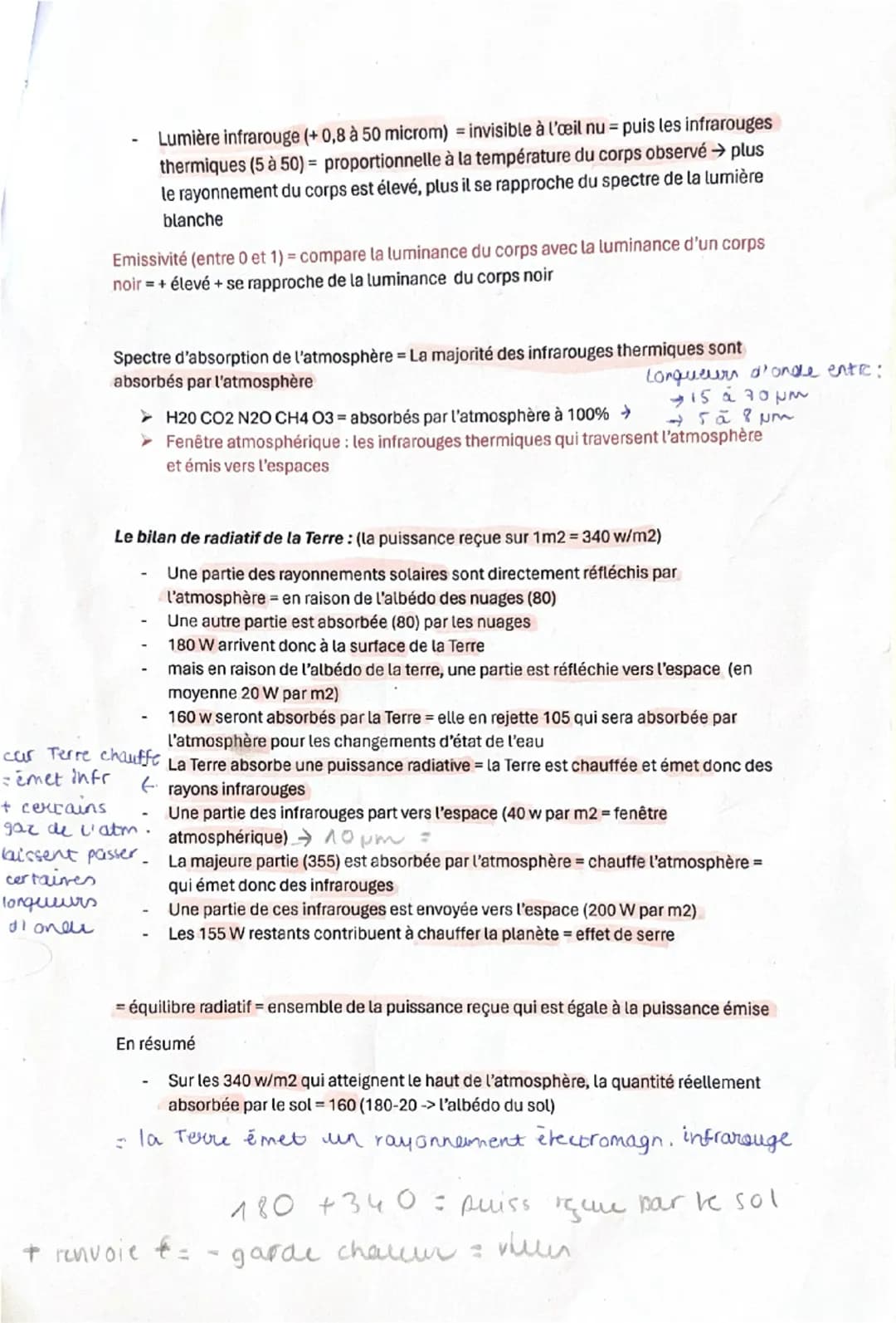 Rappels:
CHAPITRE 5 ES: LE BILAN RADIATIF TERRESTRE
Aray inf = absorb. parabm ou non vers espace
Les spectres d'absorption: spectre obtenu e