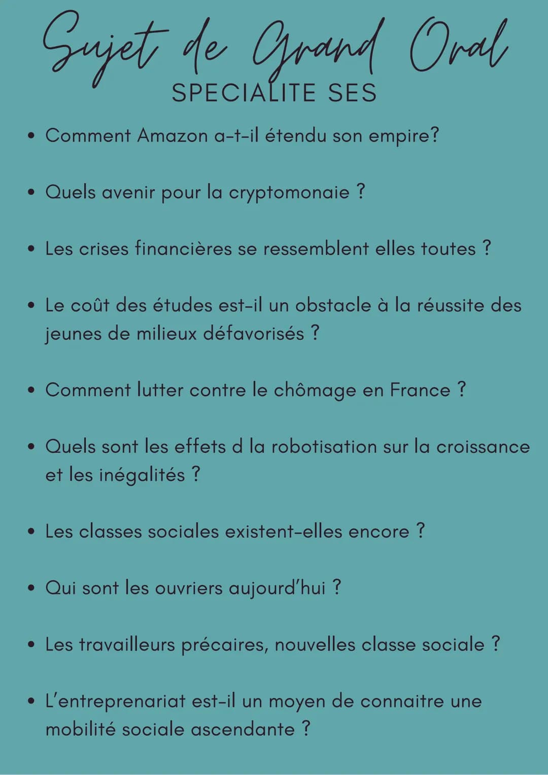 Sujet de Grand Oral
SPECIALITE SES
• Comment Amazon a-t-il étendu son empire?
• Quels avenir pour la cryptomonaie ?
• Les crises financières