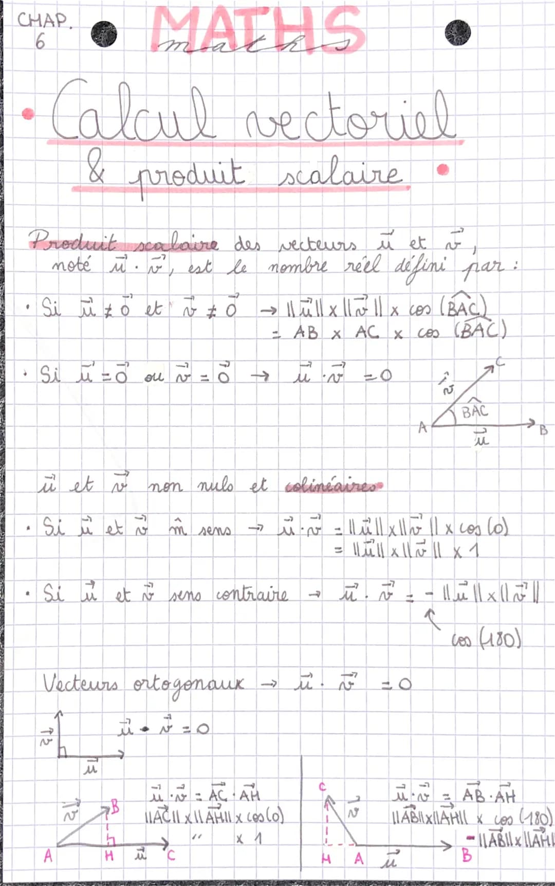MATHS
• Calcul vectoriel
& produit salaire •
CHAP.
6
Produit scalaire des vecteurs u et
noté
•
A
d
Si ta
ū
-7
→
Si ū #0 et v ‡ 0
Si
lu
A
.
t