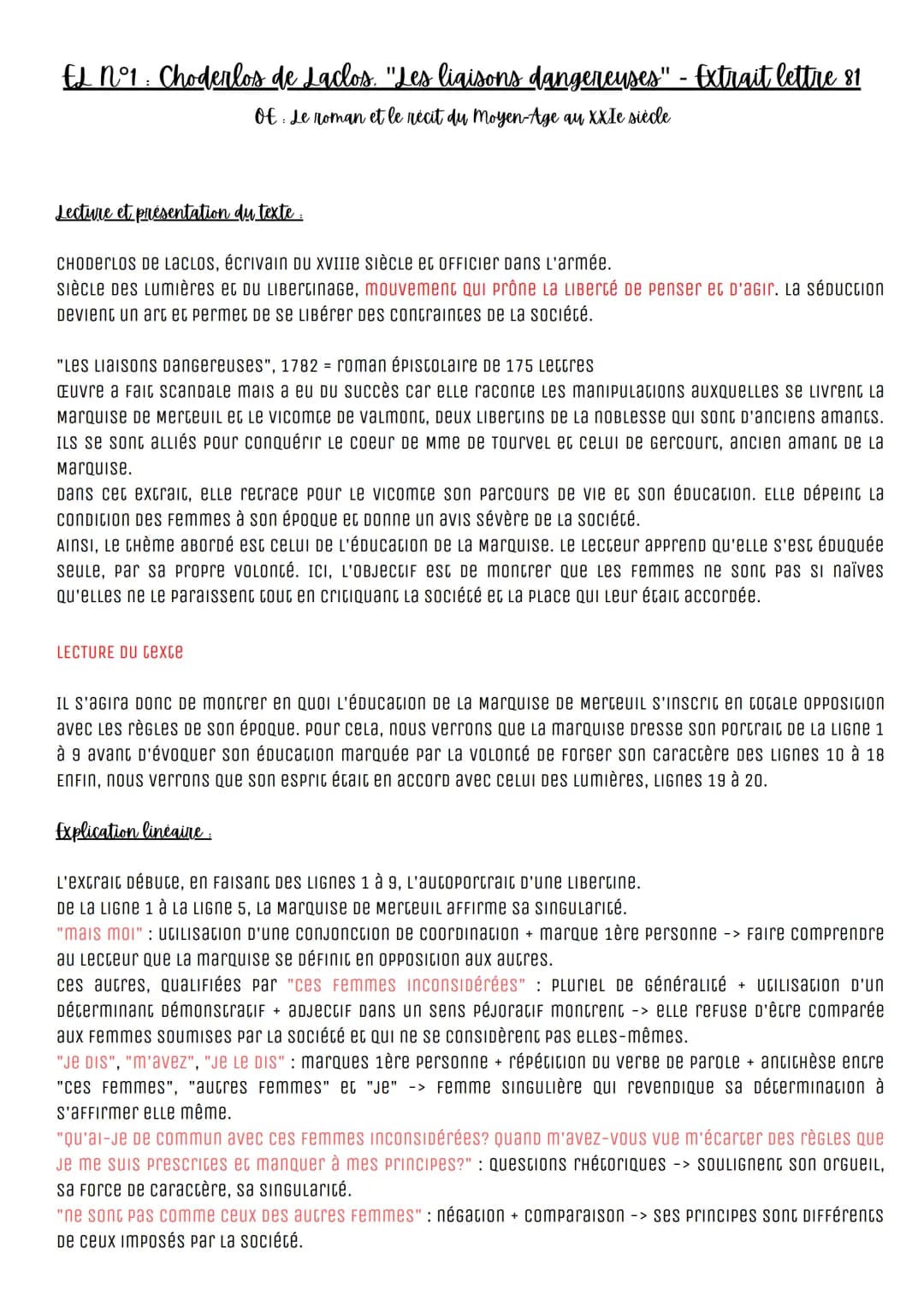 EL N°1 : Choderlos de Laclos. "Les liaisons dangereuses" - Extrait lettre 81
Of Le roman et le récit du Moyen-Age au XXIe siècle
Lecture et 
