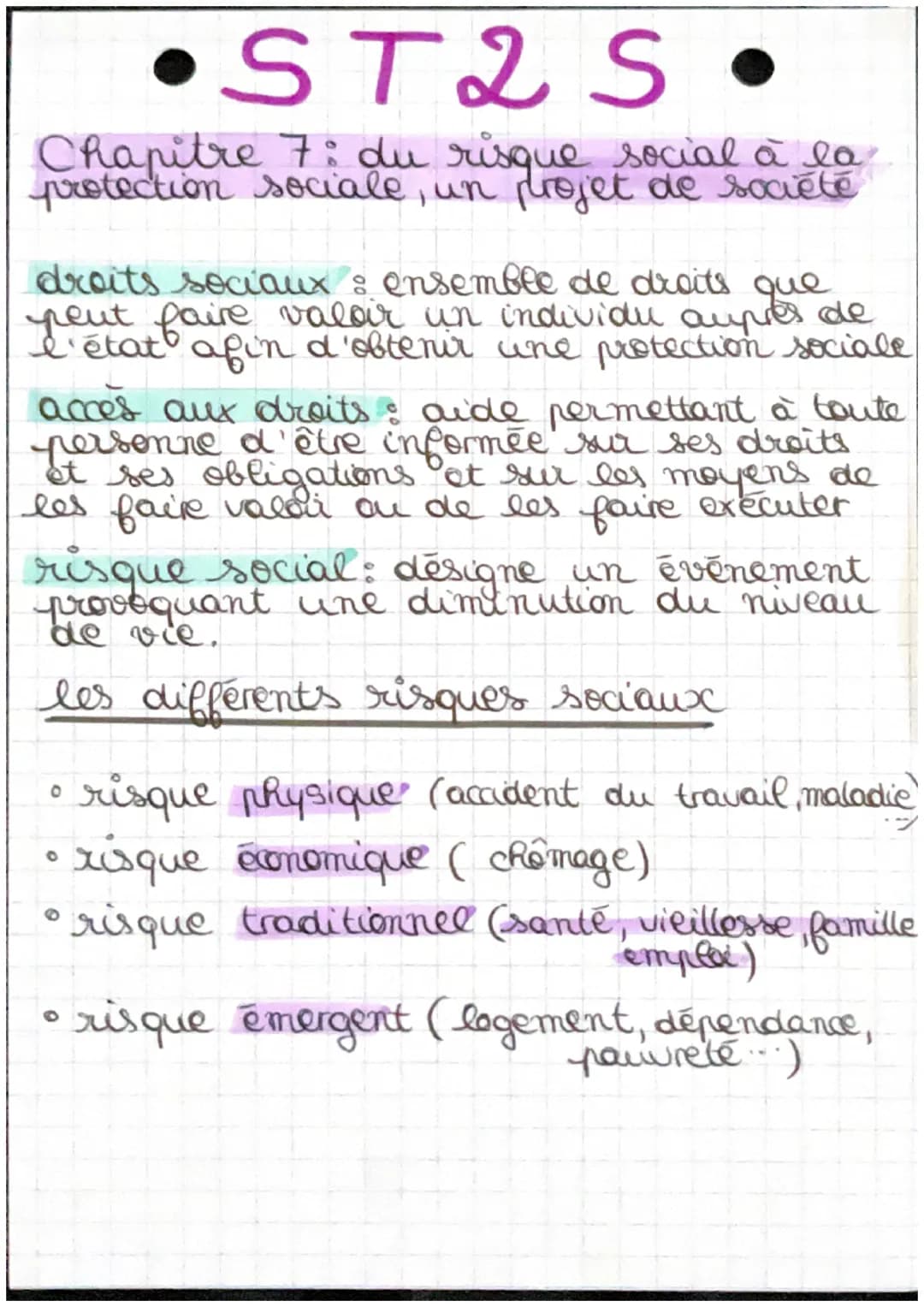 ST2S.
Chapitre 7: du risque social à la
protection sociale, un projet de société
droits sociaux : ensemble de droits que
peut faire valoir u