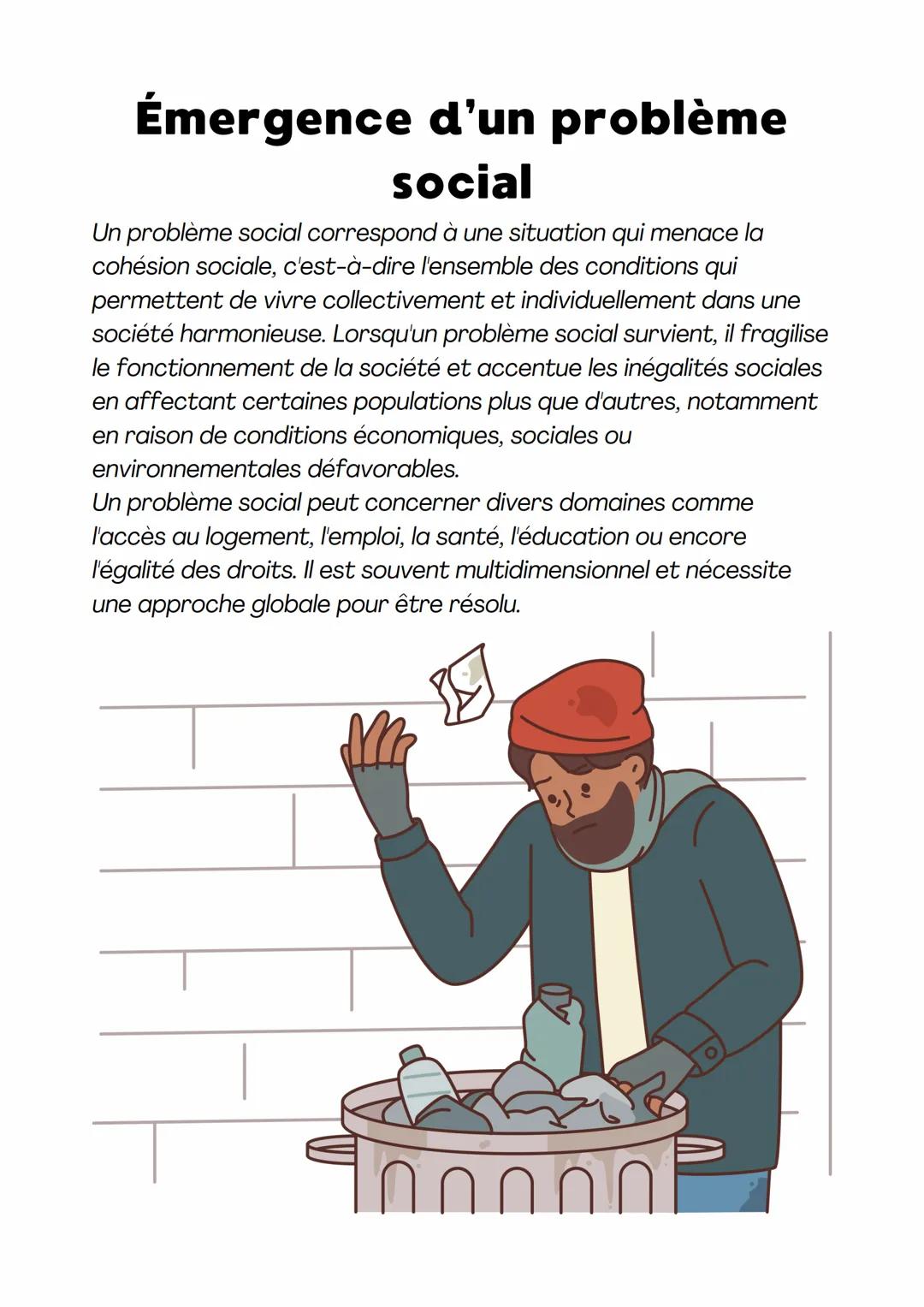 # Émergence d'un problème
social

Un problème social correspond à une situation qui menace la
cohésion sociale, c'est-à-dire l'ensemble des 