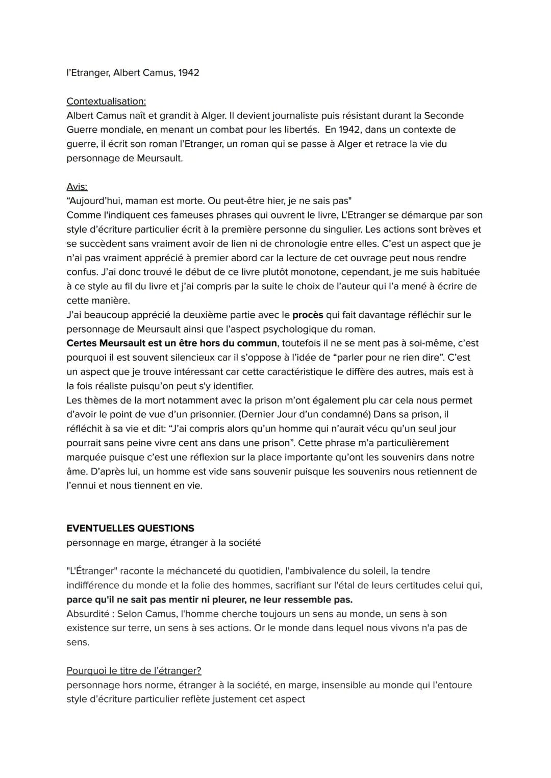 l'Etranger, Albert Camus, 1942
Contextualisation:
Albert Camus naît et grandit à Alger. Il devient journaliste puis résistant durant la Seco