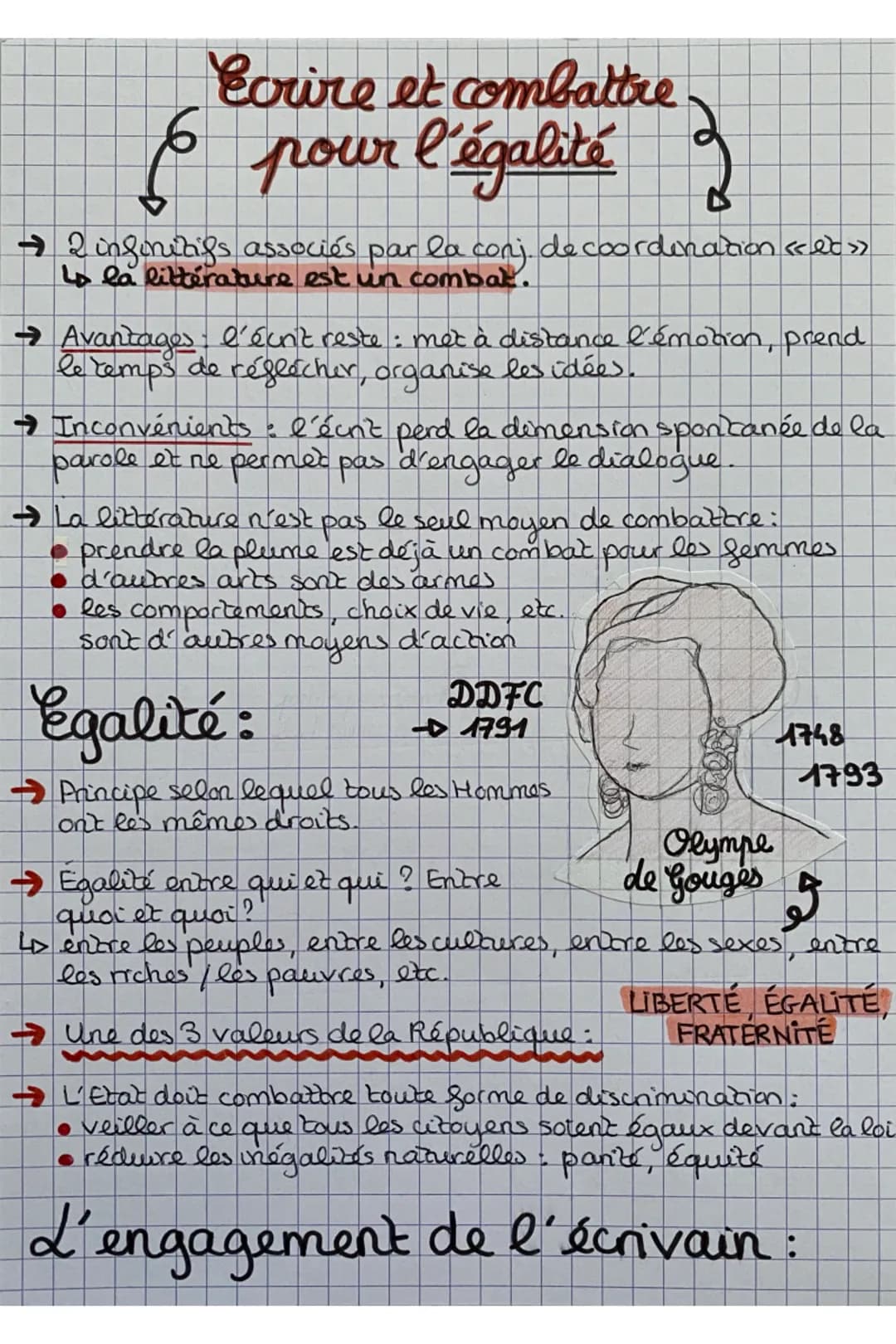 Ecrire et combattre
6 pour l'égalité 2
→ 2 infinitifs associés par la conj. de coordination <<t »
Lo la littérature est un combak.
→ Avantag