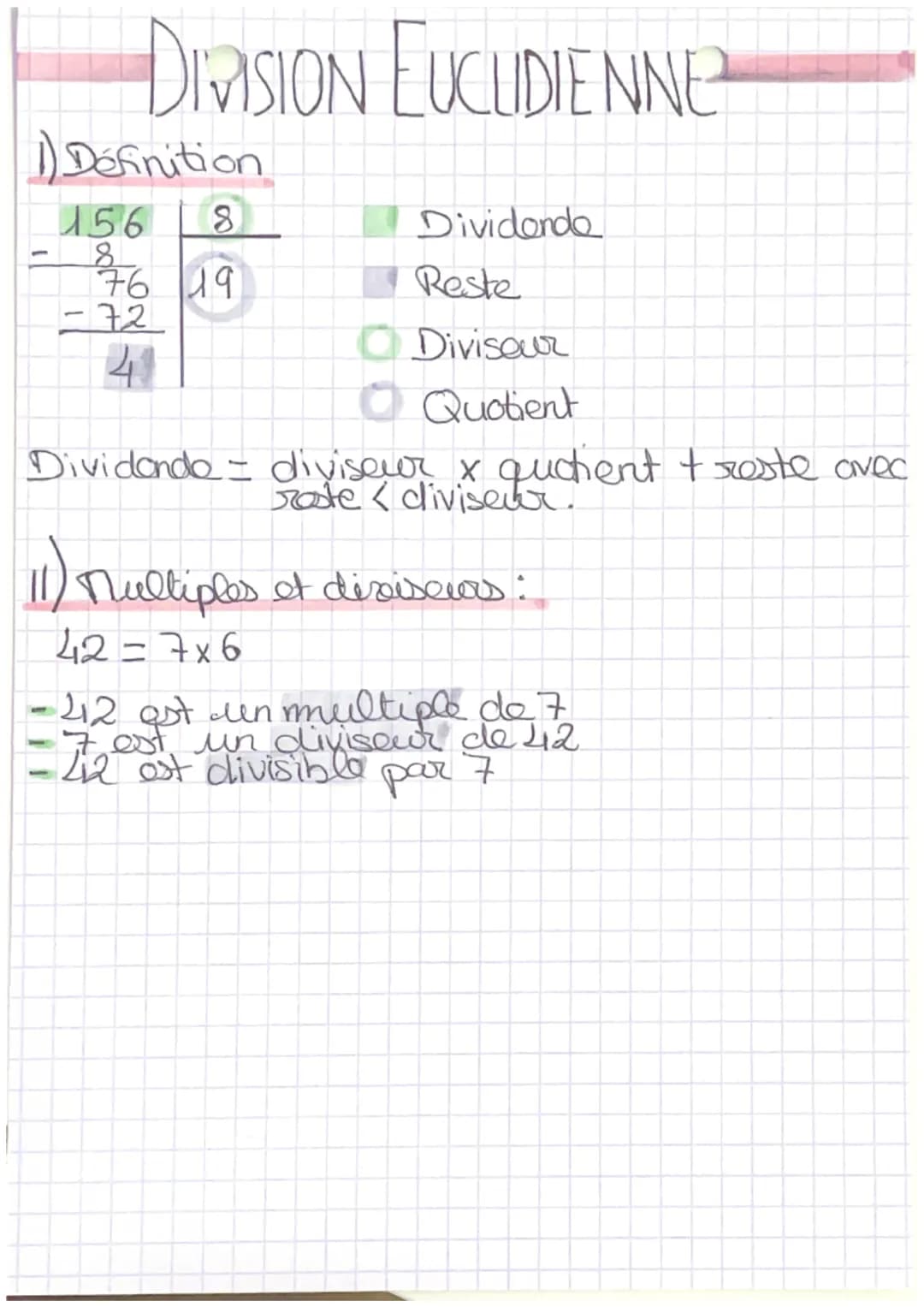 DiaSION EUCUDIENNE
1) Définition
8
156
8
276
76 19
-72
41
Dividonda
Reste
O Diviseur
Quotient
Dividende - diviseur & quotient & reste avec
1