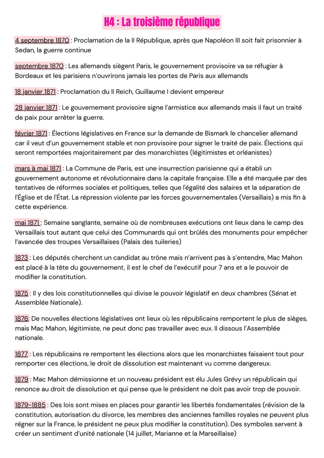 # H4: La troisième république

4 septembre 1870: Proclamation de la II République, après que Napoléon III soit fait prisonnier à
Sedan, la g