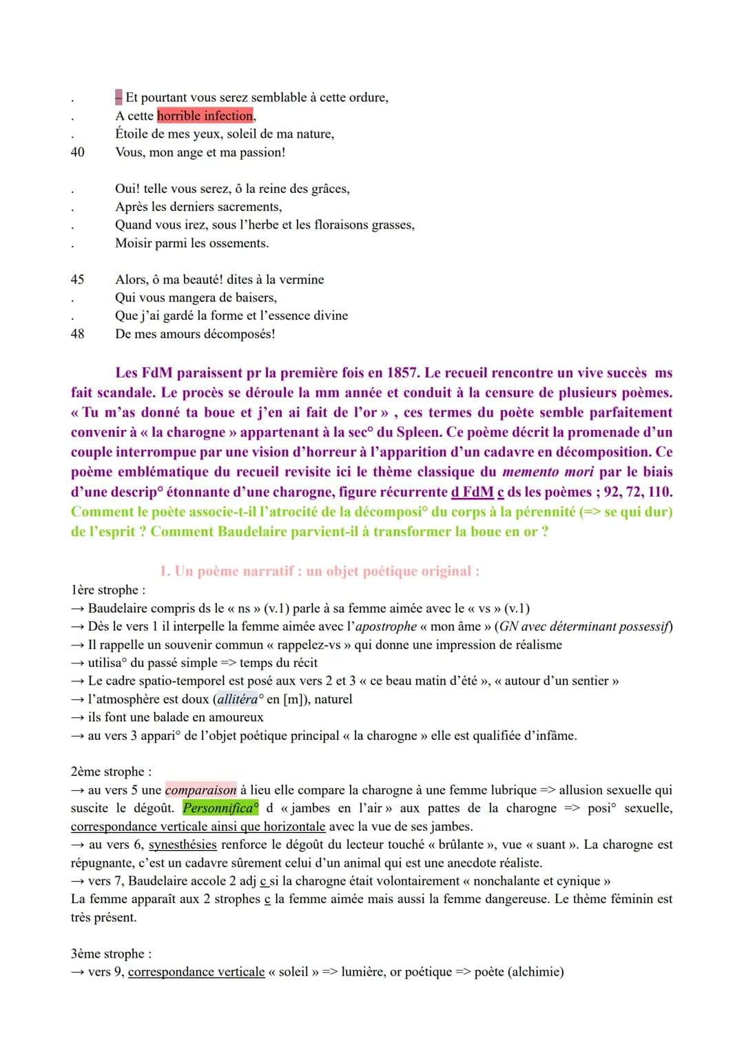 1
5
10
15
20
25
30
35
LA n°2 : << Une Charogne », Les Fleurs du Mal; Charles
Baudelaire.
Une Charogne
Rappelez-vous l'objet que nous vîmes, 