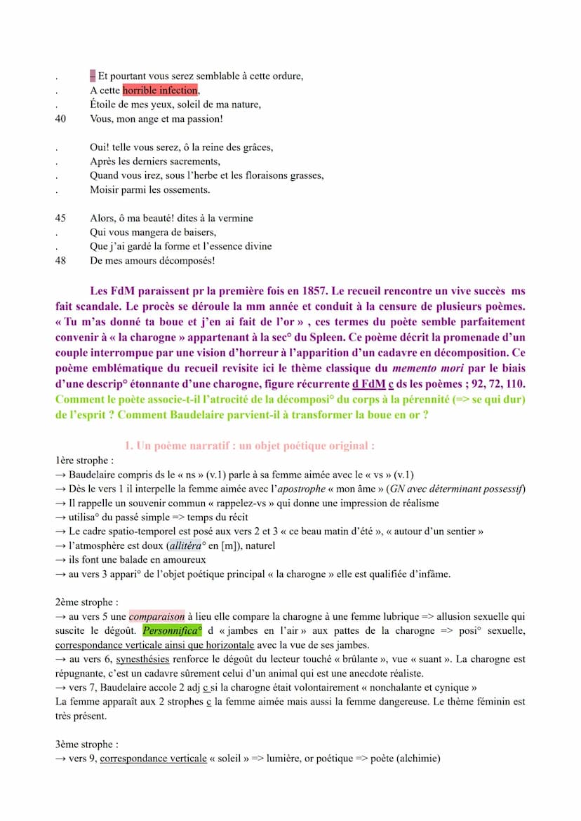 1
5
10
15
20
25
30
35
LA n°2 : << Une Charogne », Les Fleurs du Mal; Charles
Baudelaire.
Une Charogne
Rappelez-vous l'objet que nous vîmes, 