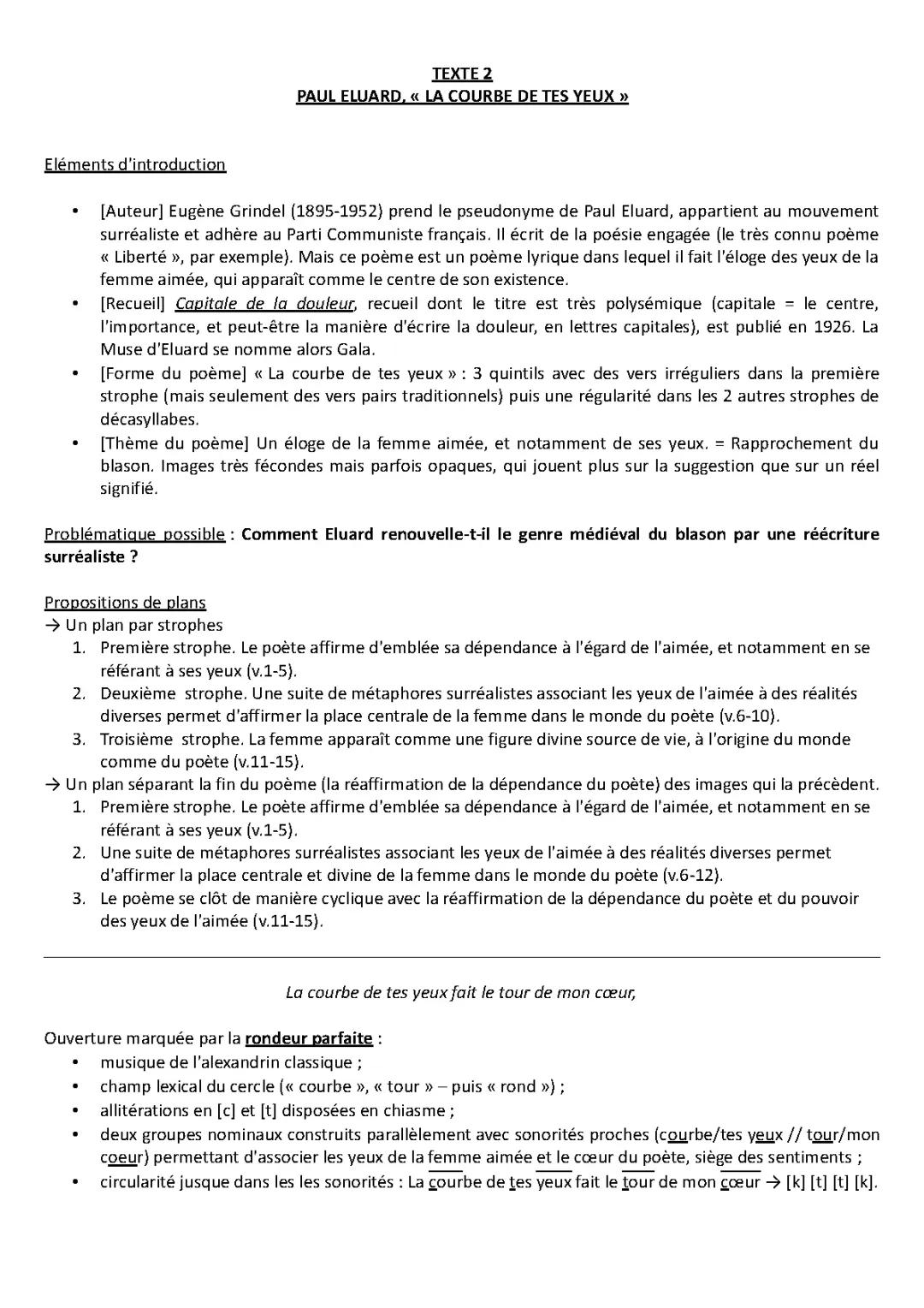 Analyse de La courbe de tes yeux - Texte PDF et Correction Brevet