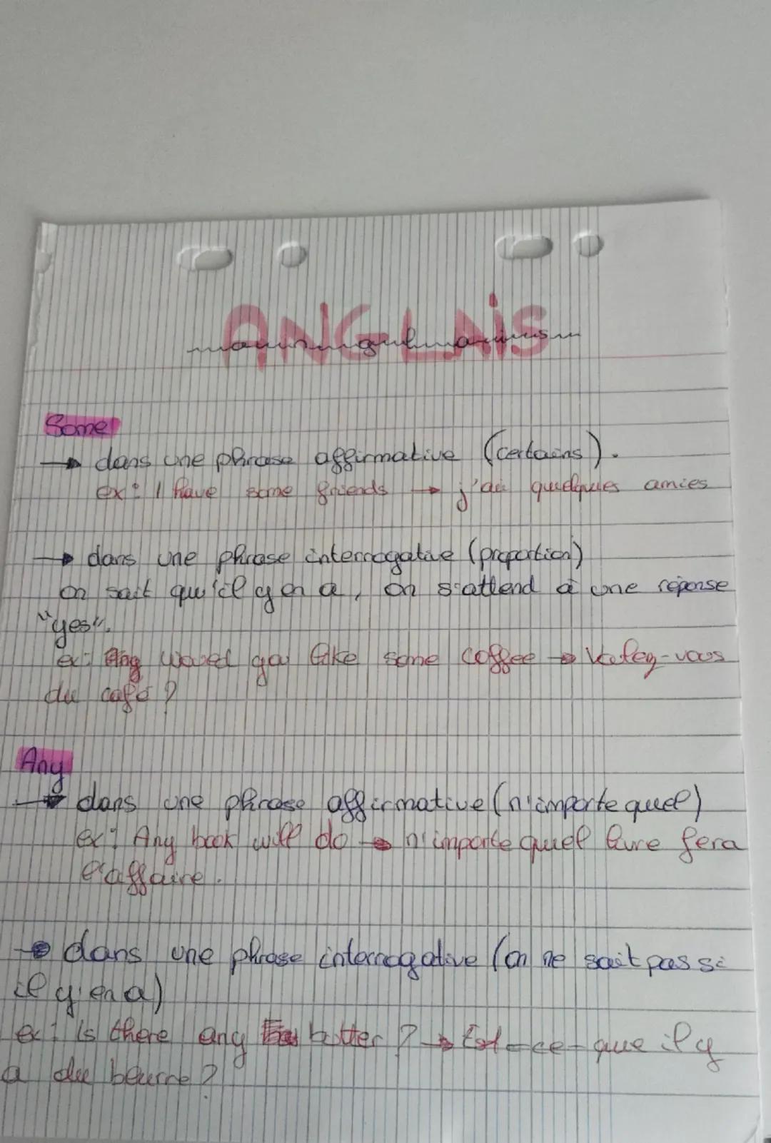 Some
ANGLAIS
→ dans une phrase affirmative (certains).
ex: I have some friends → j'ai quelques amies
→ dans une phrase interrogative (propor