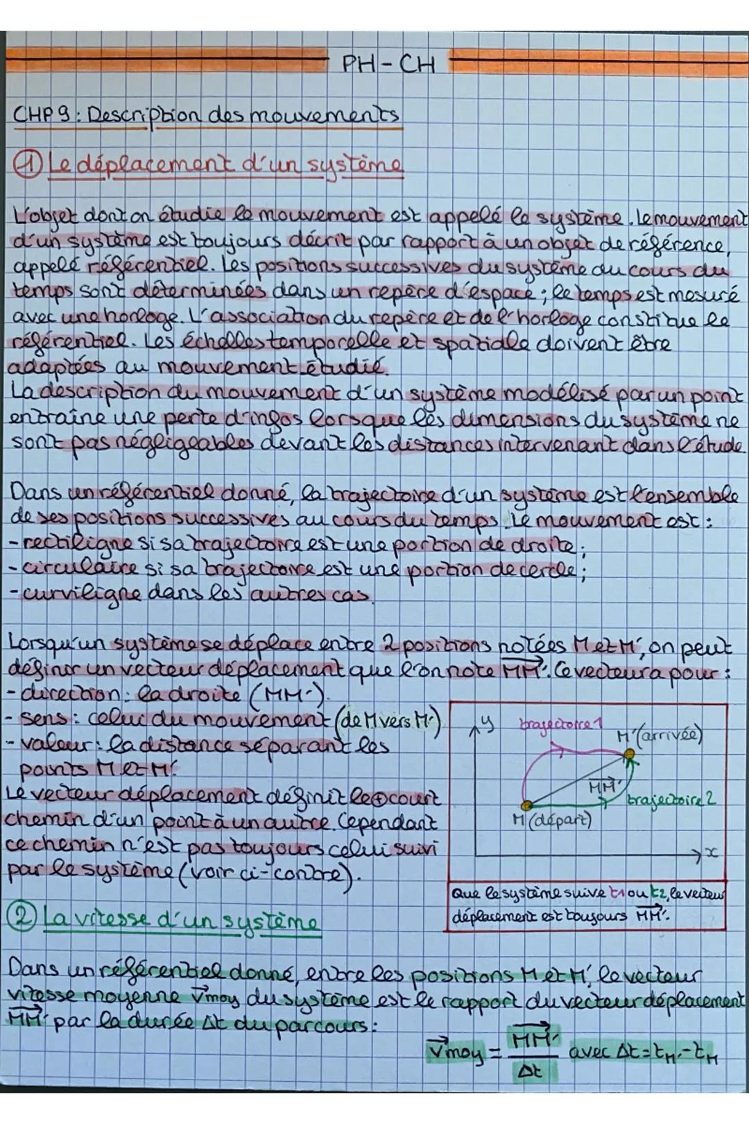 PH-CH
CHP 9: Description des mouvements
Le déplacement d'un système
L'objet dont on étudie le mouvement est appelé le système. Le mouvement
