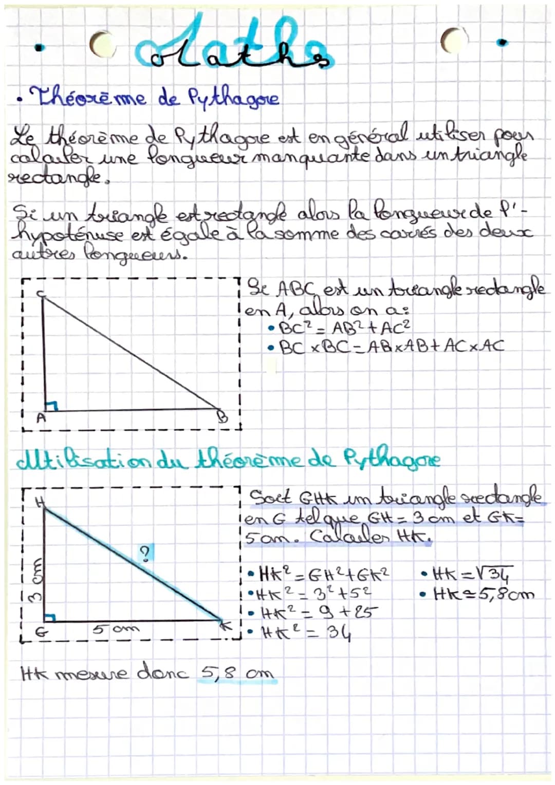 • Theoreme de Pythagore
Le théorème de Pythagore est en général utiliser pourr
calaiter une longueur manquante dans un triangle
rectangle.
c