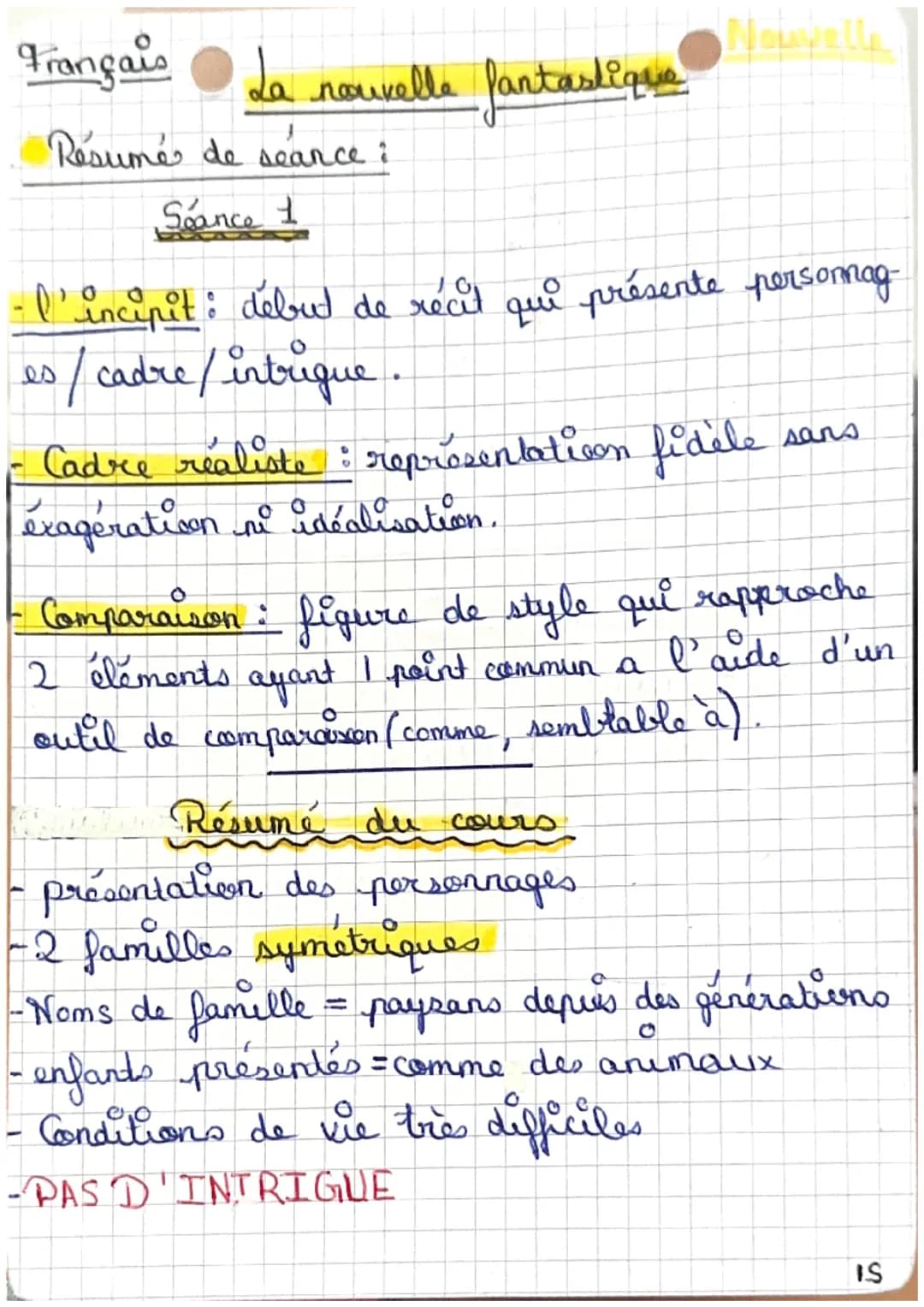 Français La nouvelle fantastique
Résumé de seance :
Seance 1
- l'incipit: début de récit qui présente personnag-
es / cadre / intrique
- Cad