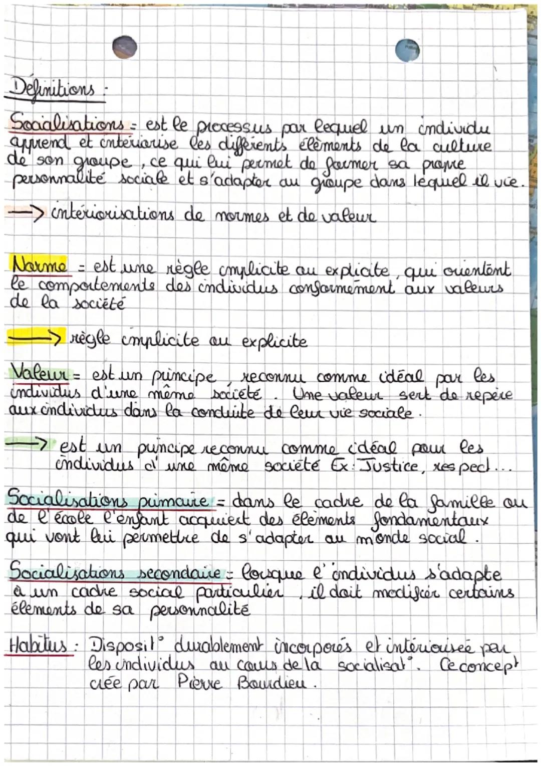 Definitions

Socialisations = est le processus par lequel un individu
apprend et interiorise les diferents éléments de la culture
de son gro