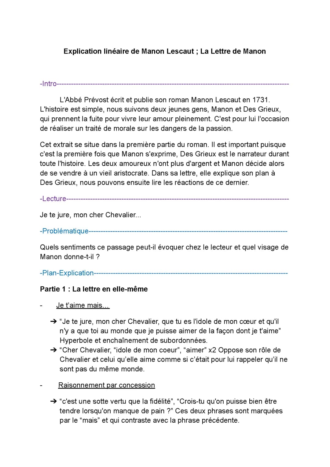 Explication linéaire de Manon Lescaut ; La Lettre de Manon | Bac de Français