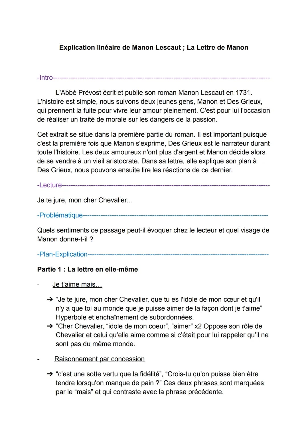 Explication linéaire de Manon Lescaut ; La Lettre de Manon
-Intro-
L'Abbé Prévost écrit et publie son roman Manon Lescaut en 1731.
L'histoir
