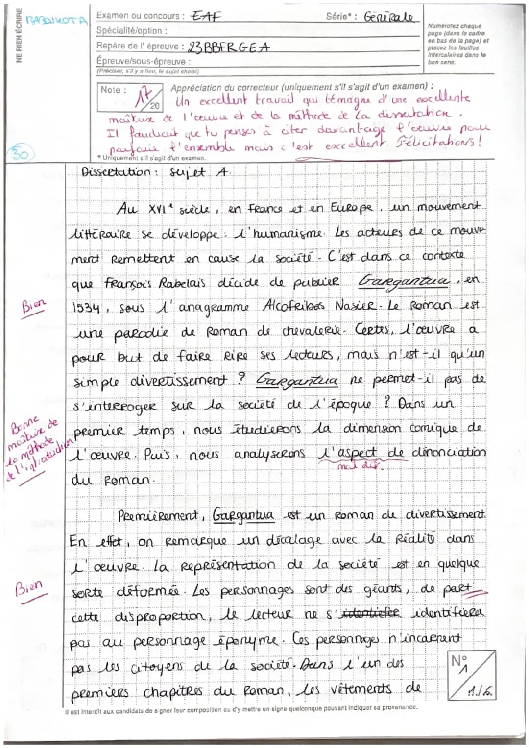 Sujet Dissertation Gargantua Rire et Savoir PDF - Corrigé Facile