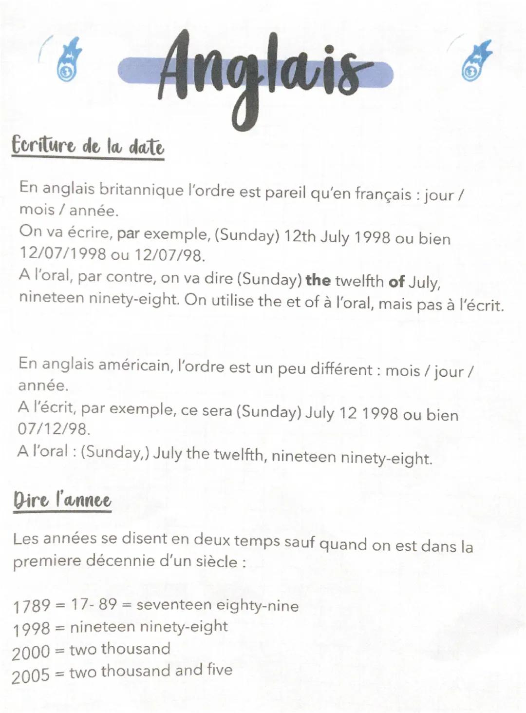 Anglais
Ecriture de la date
En anglais britannique l'ordre est pareil qu'en français : jour/
mois / année.
On va écrire, par exemple, (Sunda
