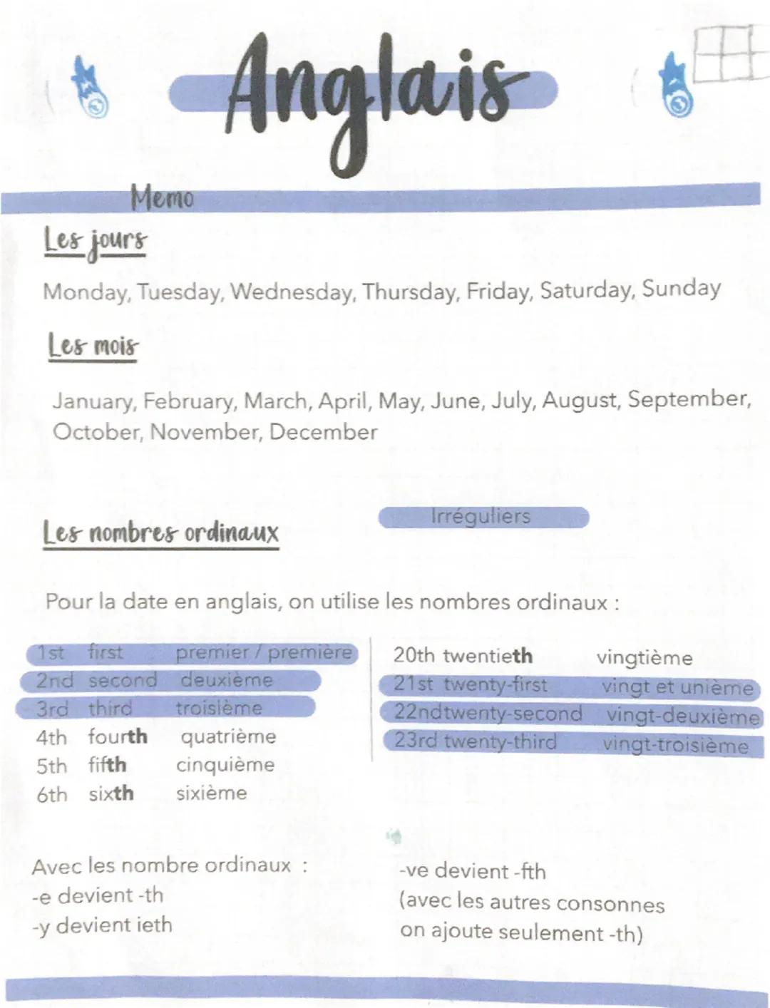 Anglais
Ecriture de la date
En anglais britannique l'ordre est pareil qu'en français : jour/
mois / année.
On va écrire, par exemple, (Sunda