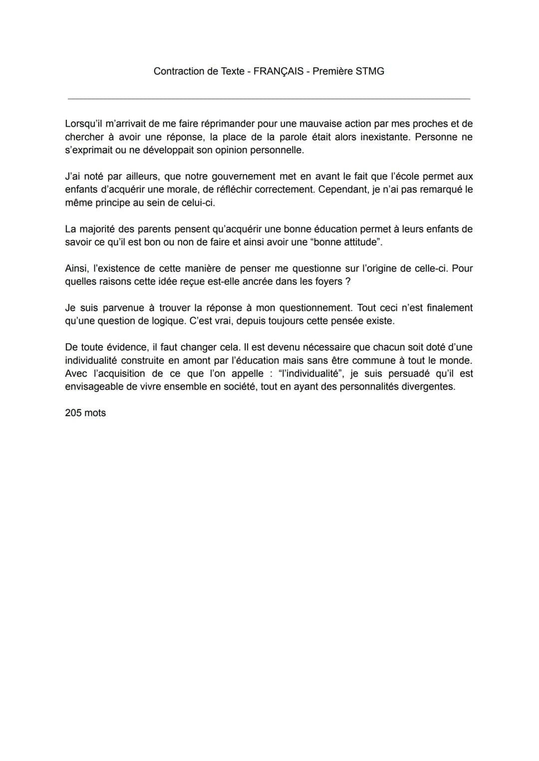 Contraction de Texte - FRANÇAIS - Première STMG
Lorsqu'il m'arrivait de me faire réprimander pour une mauvaise action par mes proches et de
