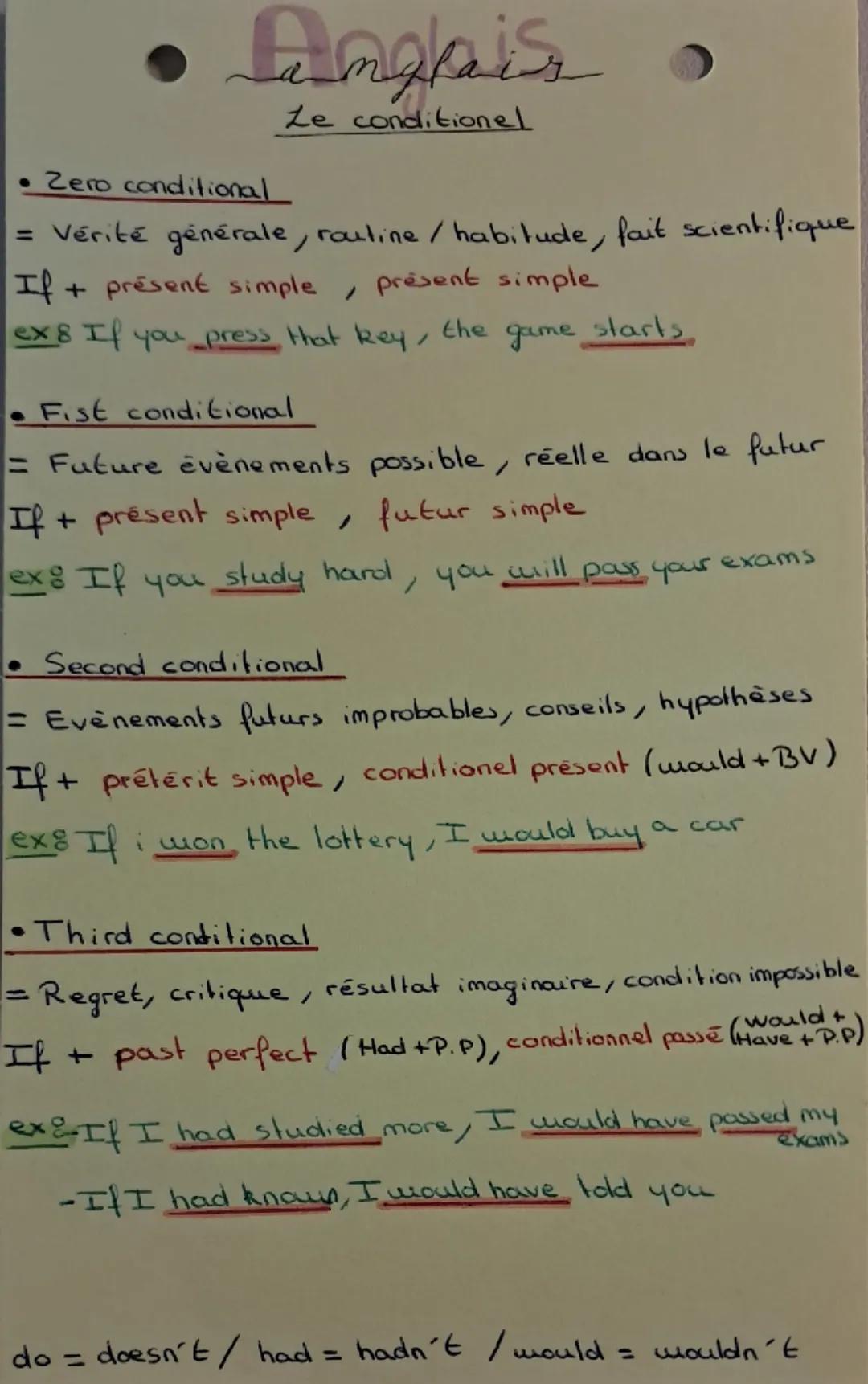 # Angais.

Le conditionel

• Zero conditional

= Vérité générale, rauline / habitude, fait scientifique

If + présent simple , present simpl