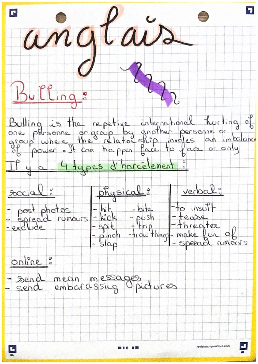"anglais
me
Bulling:
Bulling is the repetive international hurting of
one personne or group by another personne or
group where the relations