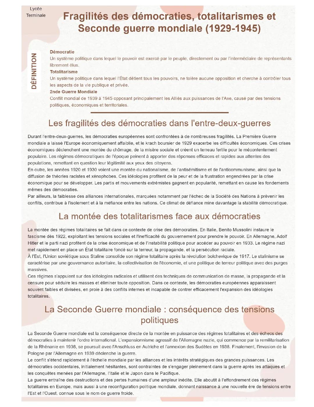 Fragilités des démocraties, totalitarismes et Seconde guerre mondiale (1929-1945)