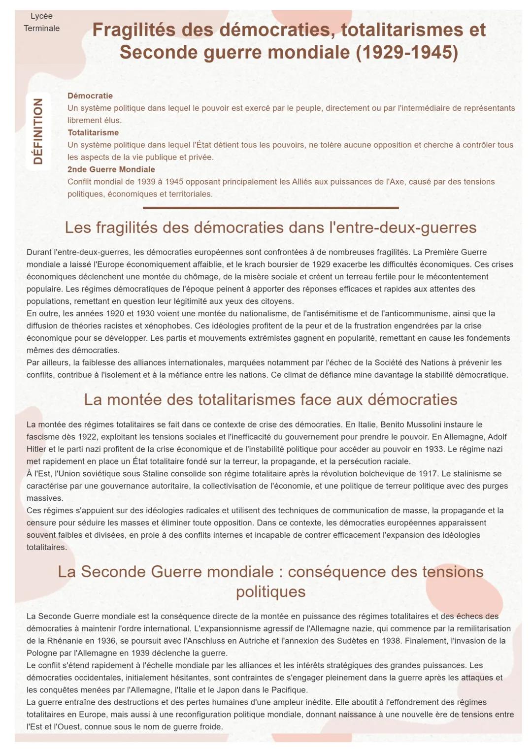 Lycée
Terminale
Fragilités des démocraties, totalitarismes et
Seconde guerre mondiale (1929-1945)
DÉFINITION
Démocratie
Un système politique